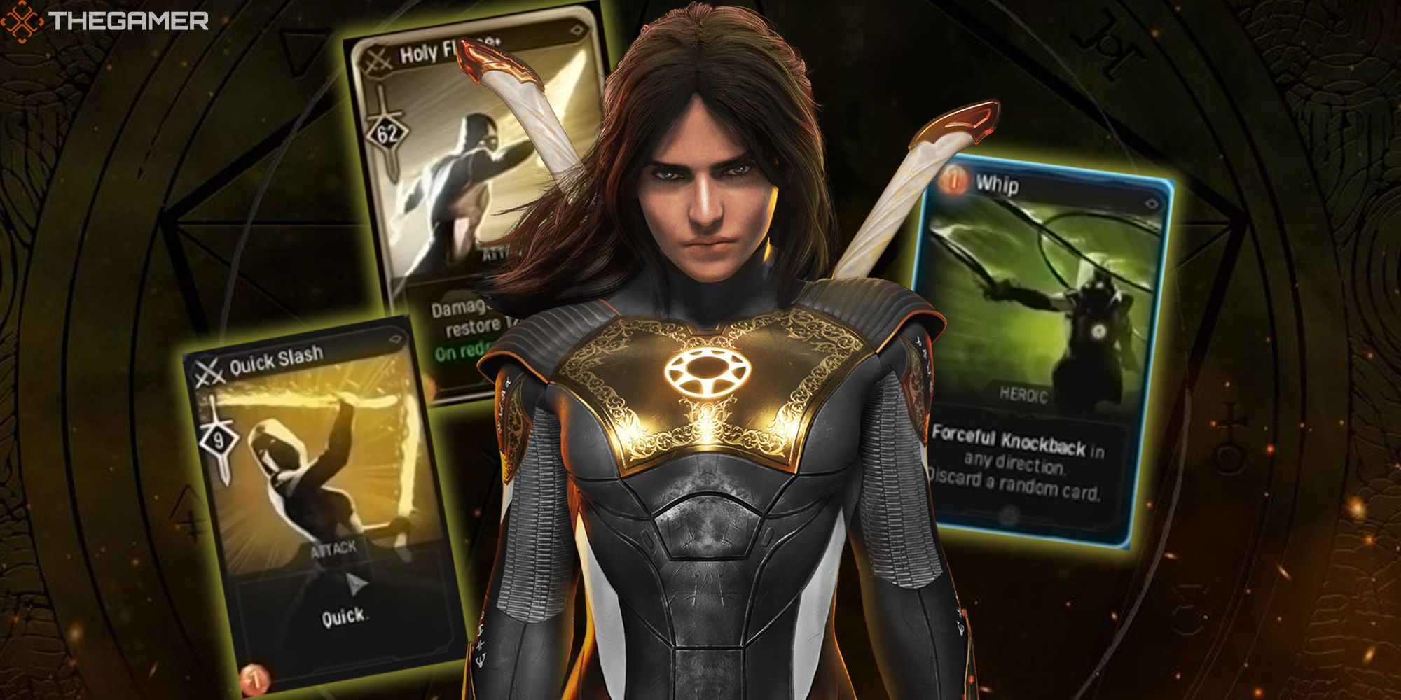 The Hunter stands in front of several cards from their deck against a mythical witchy background. Marvel's Midnight Suns.