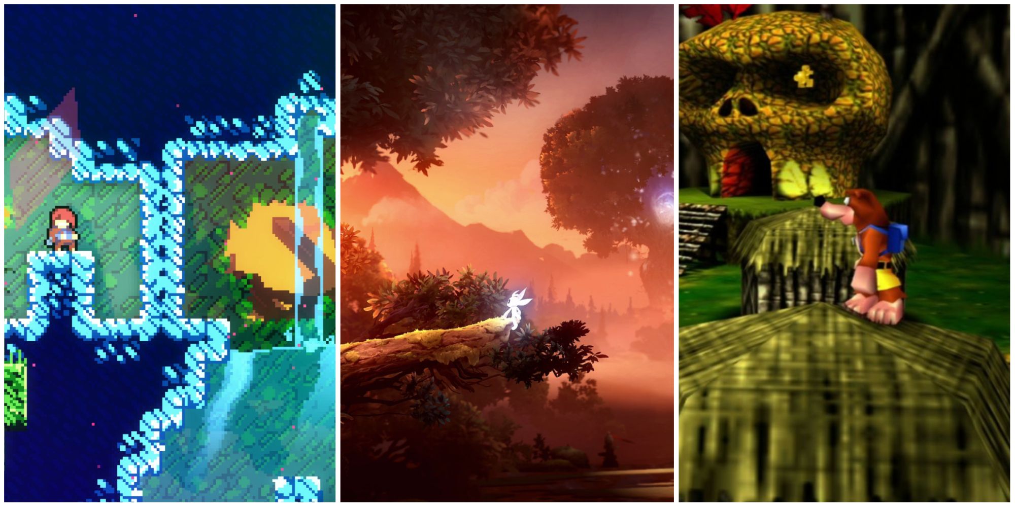 split image of Celeste water fall, Ori Will of the Wisps cliff, Banjo Kazooie on top of hut with puzzle piece