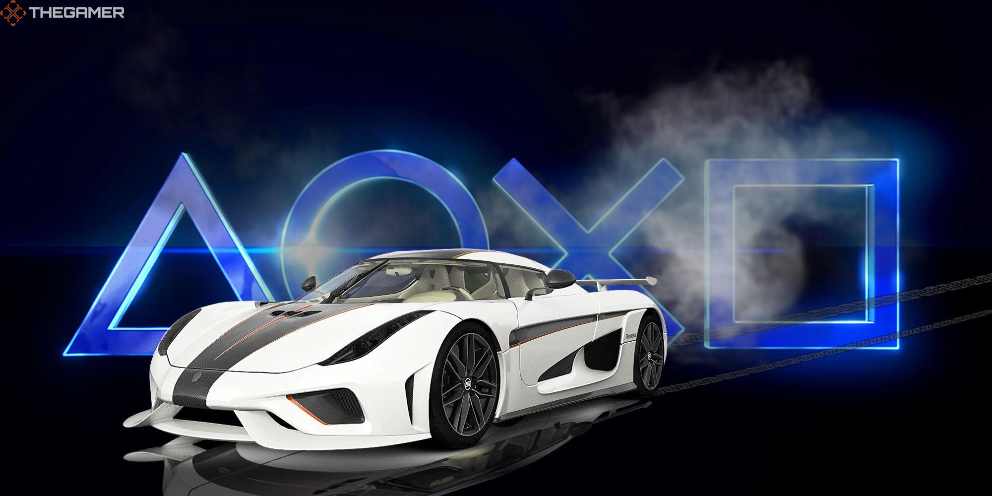 A sports car drifts into view against a PS5-button horizon. Custom image for TG.