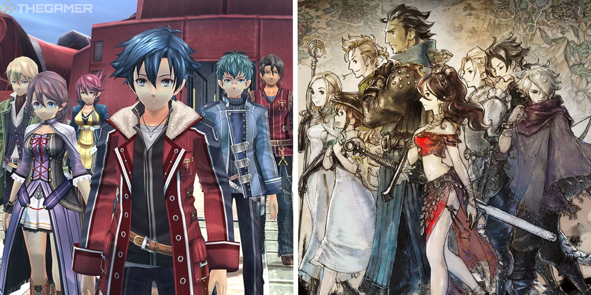 split image showing trails of cold steel next to ocotpath promotional art