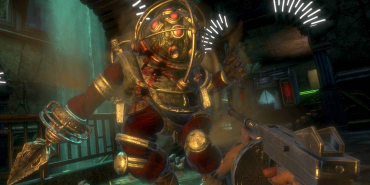 Fighting a menacing Big Daddy with a Tommy gun in BioShock.