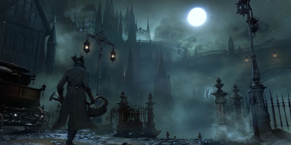 A hunter walks in Yharnam at night 