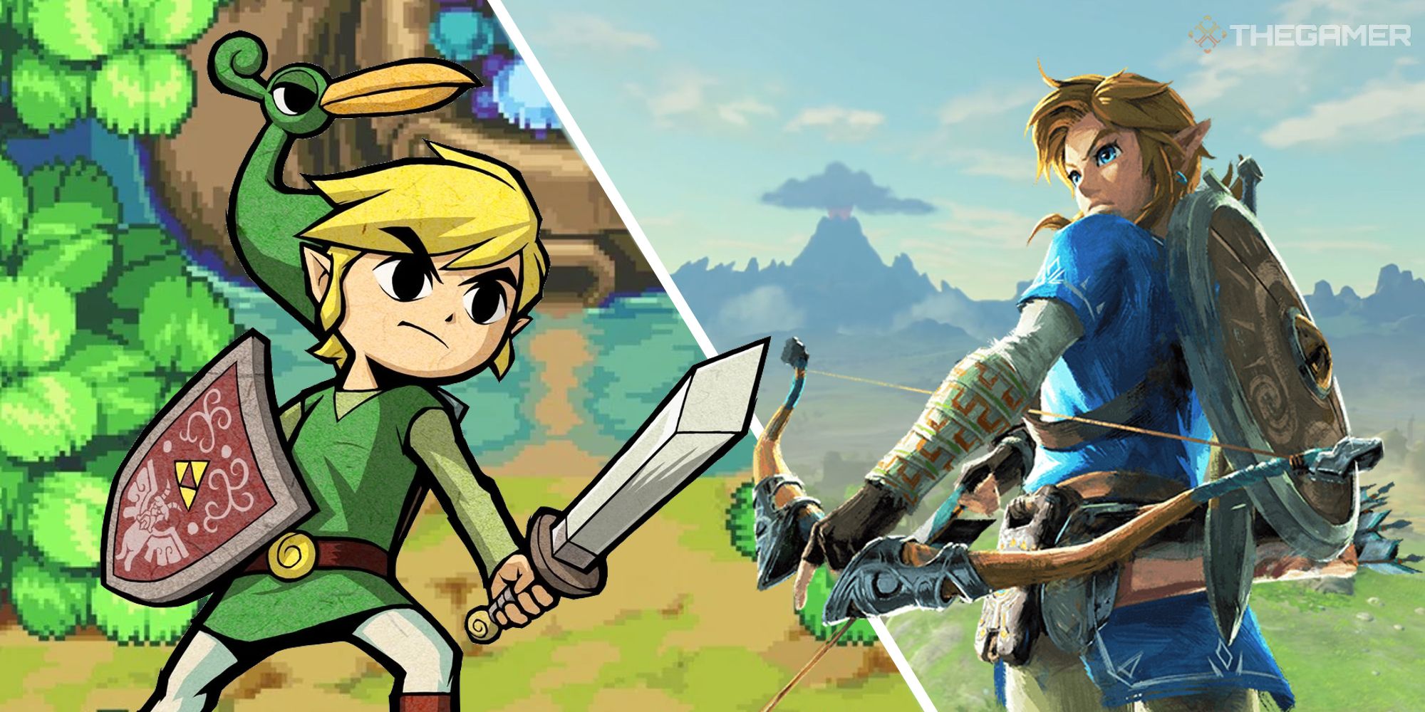 split image showing minish cap and breath of the wild variants of link from the legend of zelda