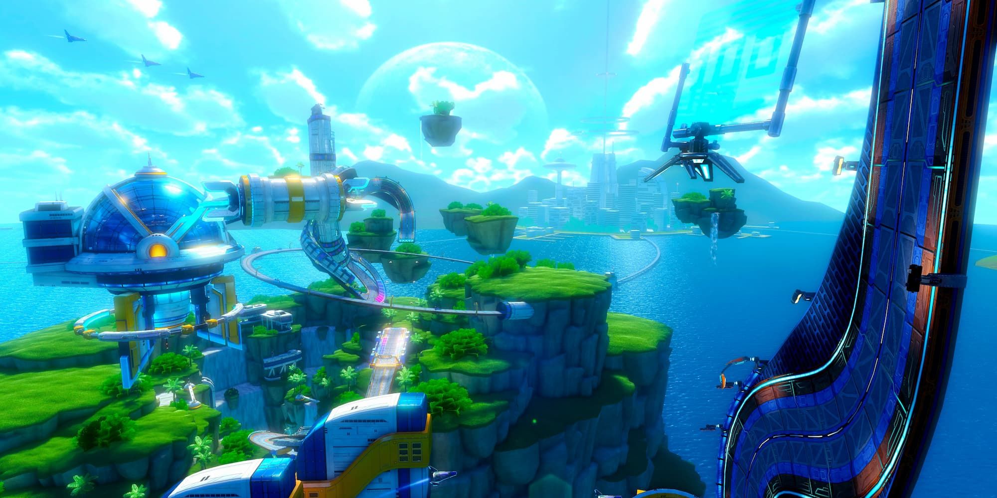 Big Blue's addition in Mario Kart 8 shows a bustling city and a grassland area over the vast ocean of the planet.