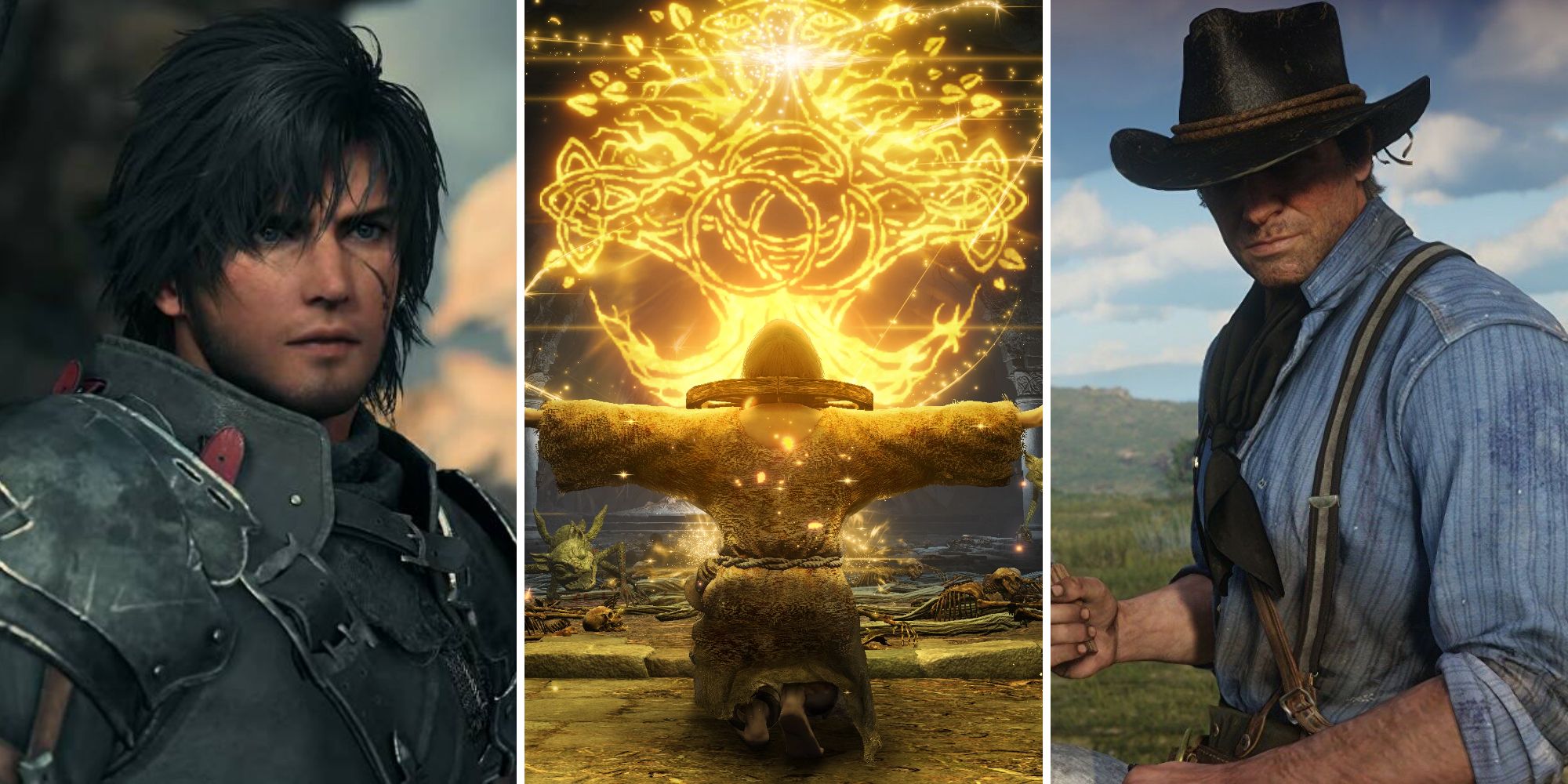 Clive from Final Fantasy 16, Elden Ring player casting a spell, and Arthur Morgan from Red Dead Redemption 2