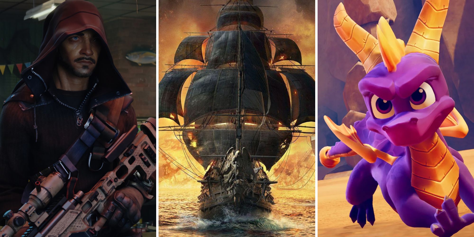 Character from Redfall, a ship in the ocean, and Spyro the Dragon