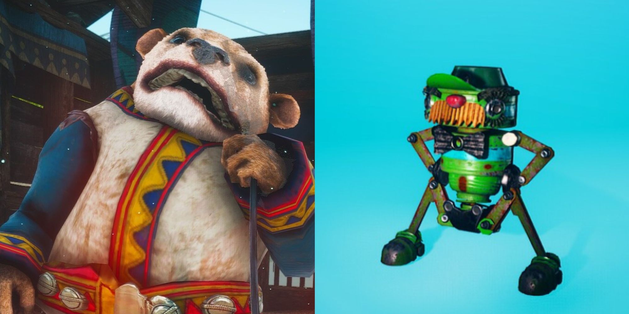 the mirage bear sitting down and the robot automaton from biomutant