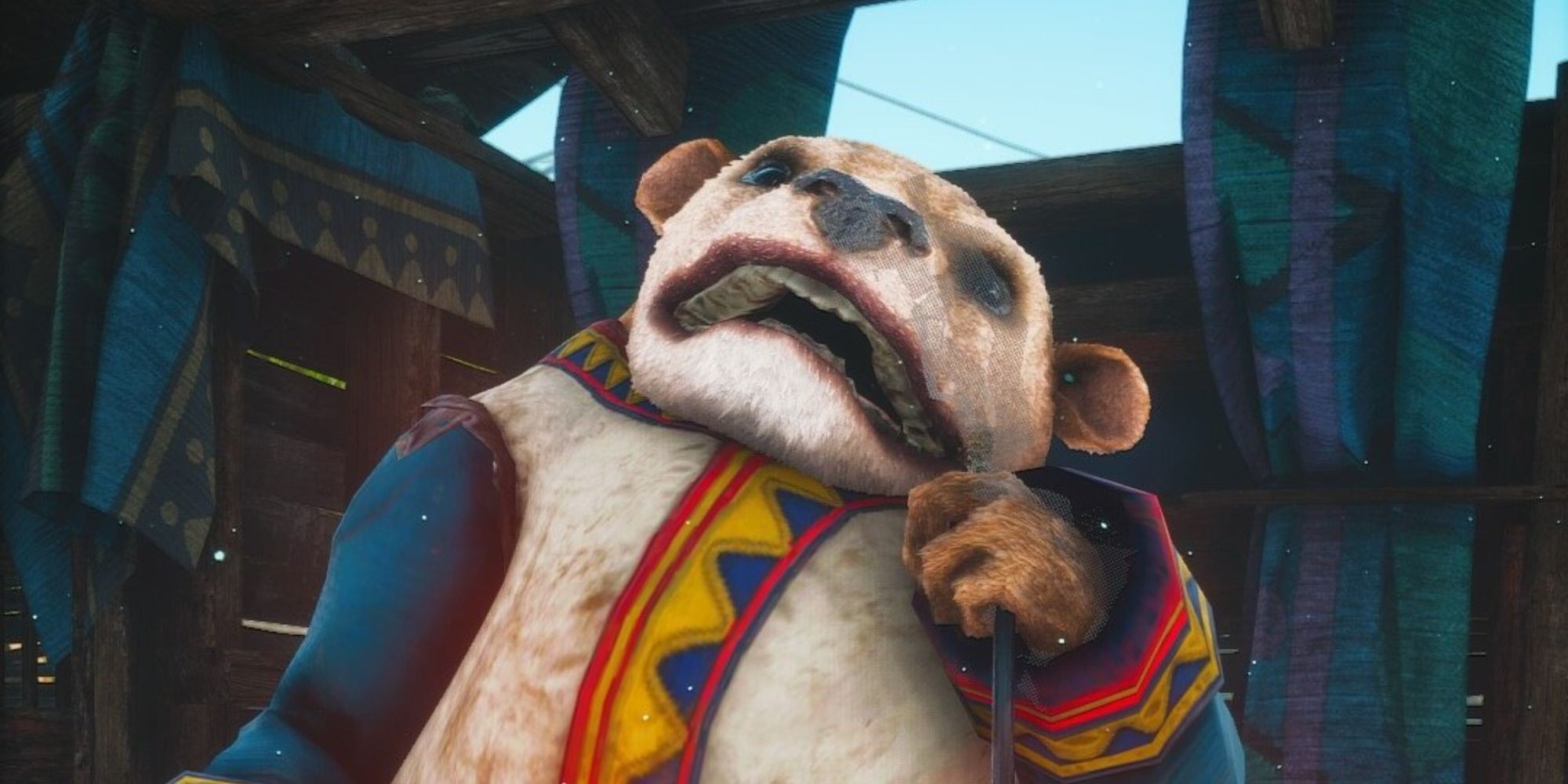 the mirage bear from biomutant sitting in a shelter