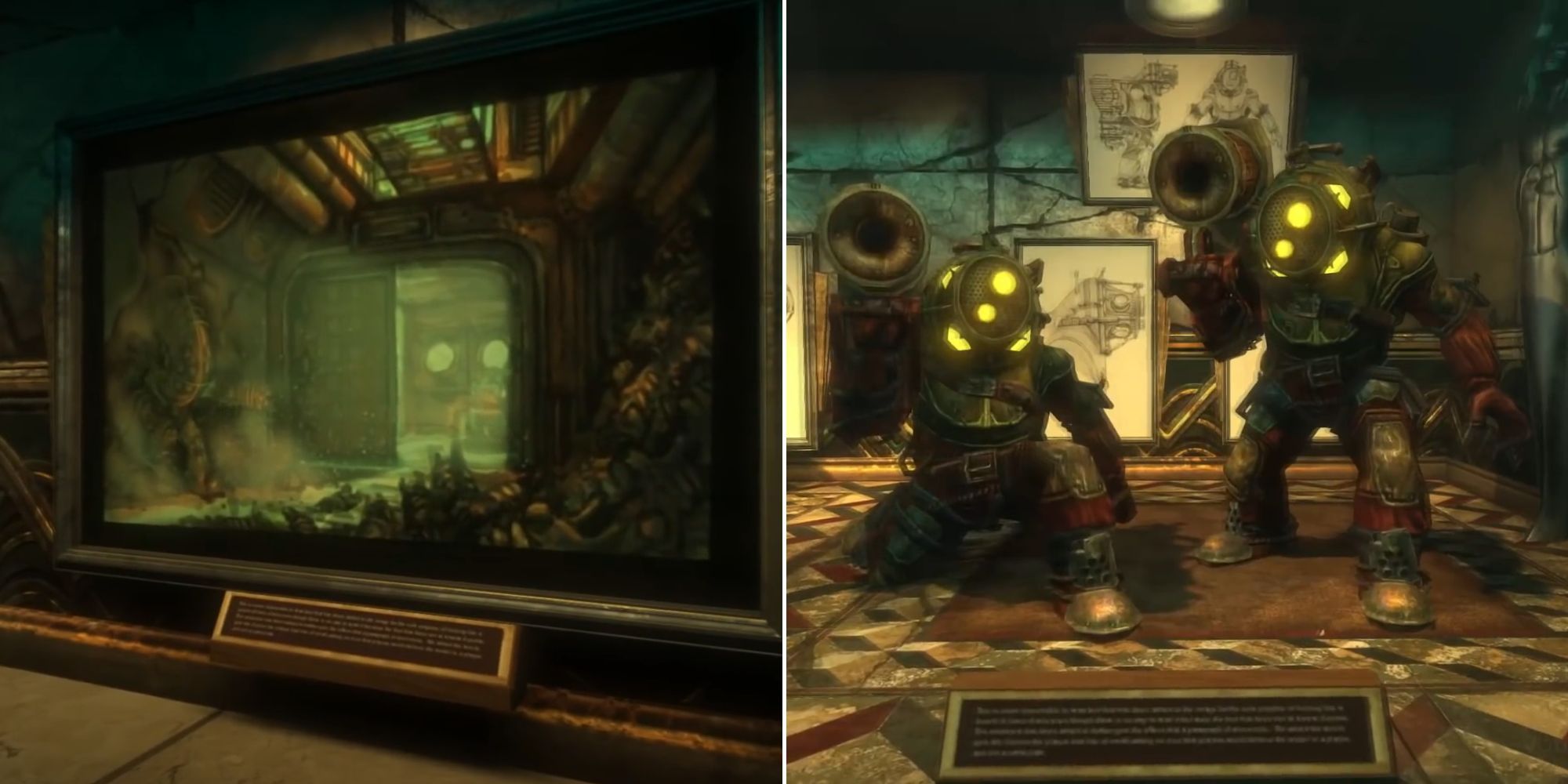 Concept art of the Museum Of Orphaned Concepts and early concept statues of the Big Daddy in BioShock