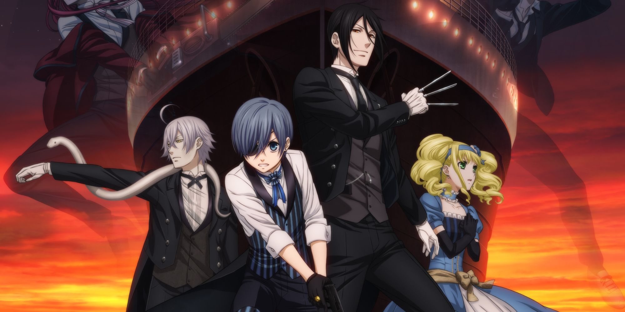Four main characters from Black Butler: Book of the Atlantic pose with guns drawn.
