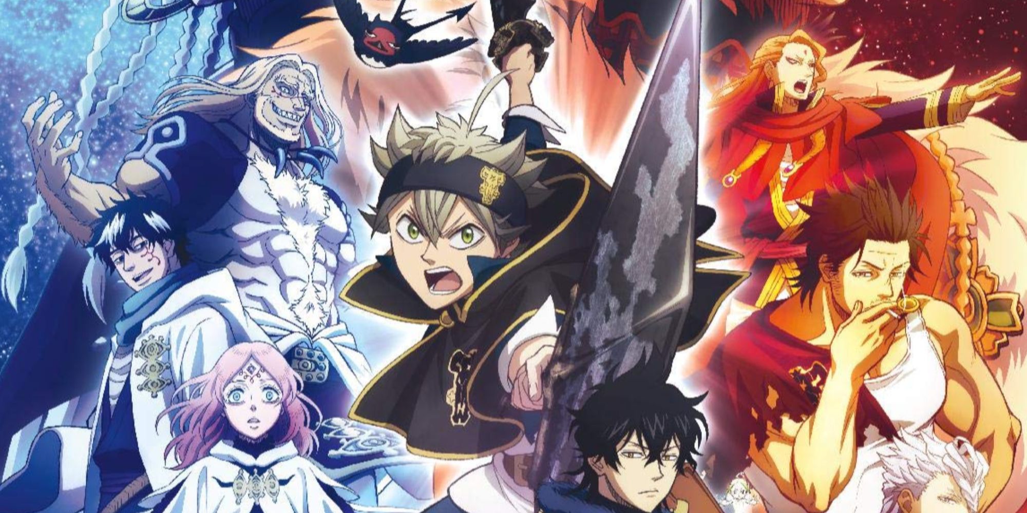 Several characters from Black Clover strike action poses, with the protagonist pointing a sword at the viewer.