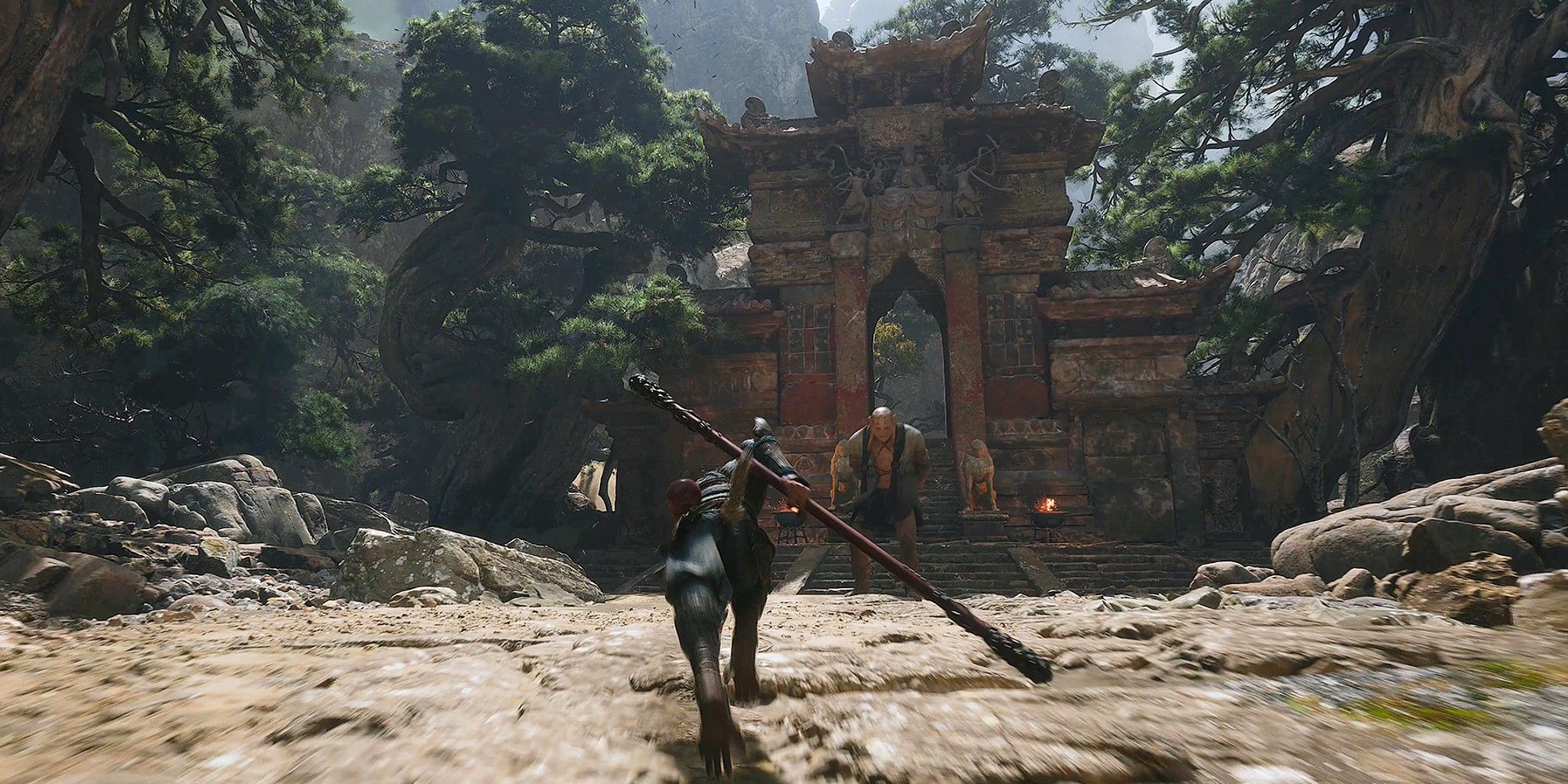Monkey King With His Staff Running Towards Ancient Ruins Where The Enemy Can Be Seen
