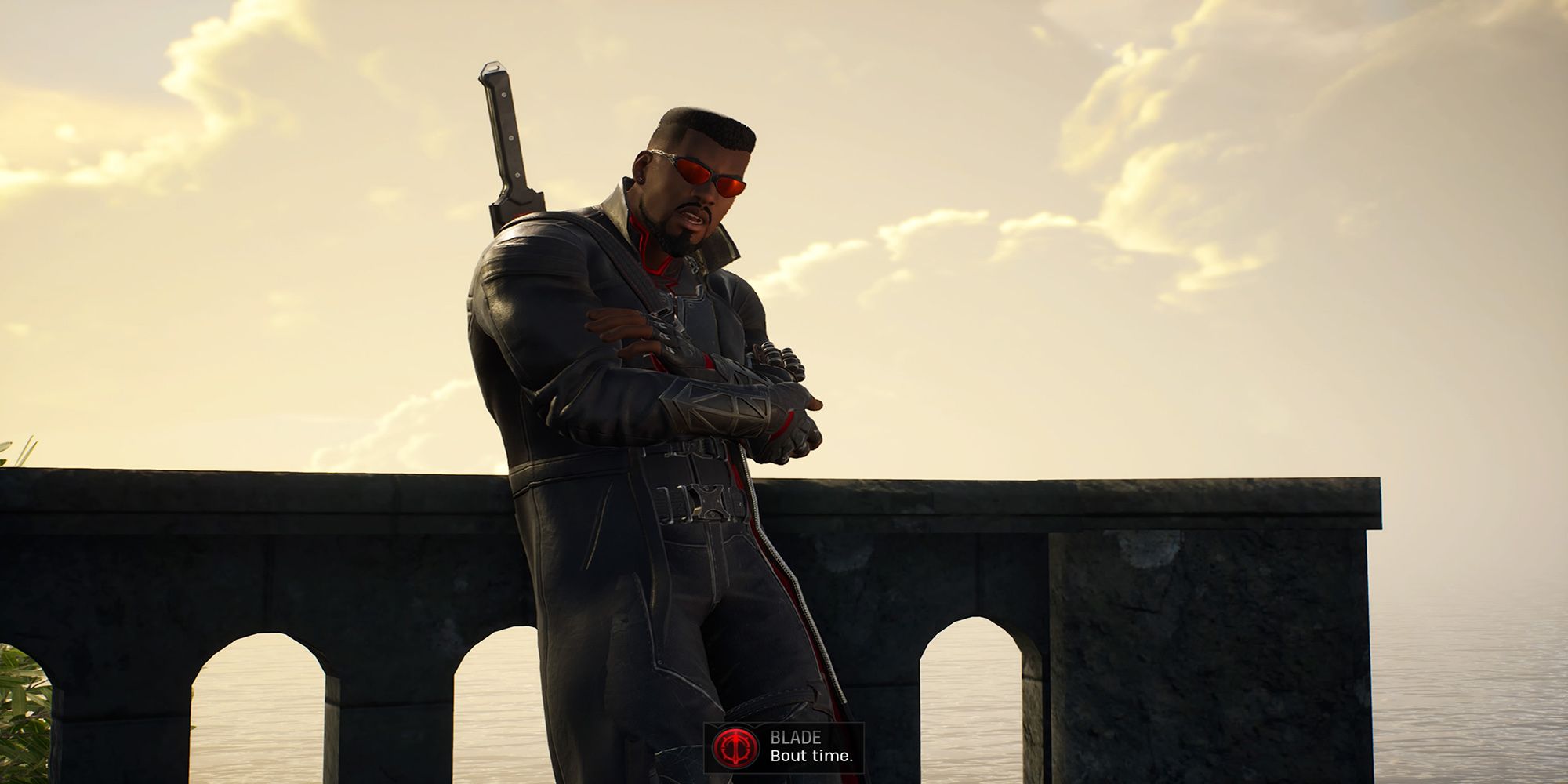 Blade addresses Hunter at the cliff near the Abbey Quarters before a mission in Marvel's Midnight Suns.