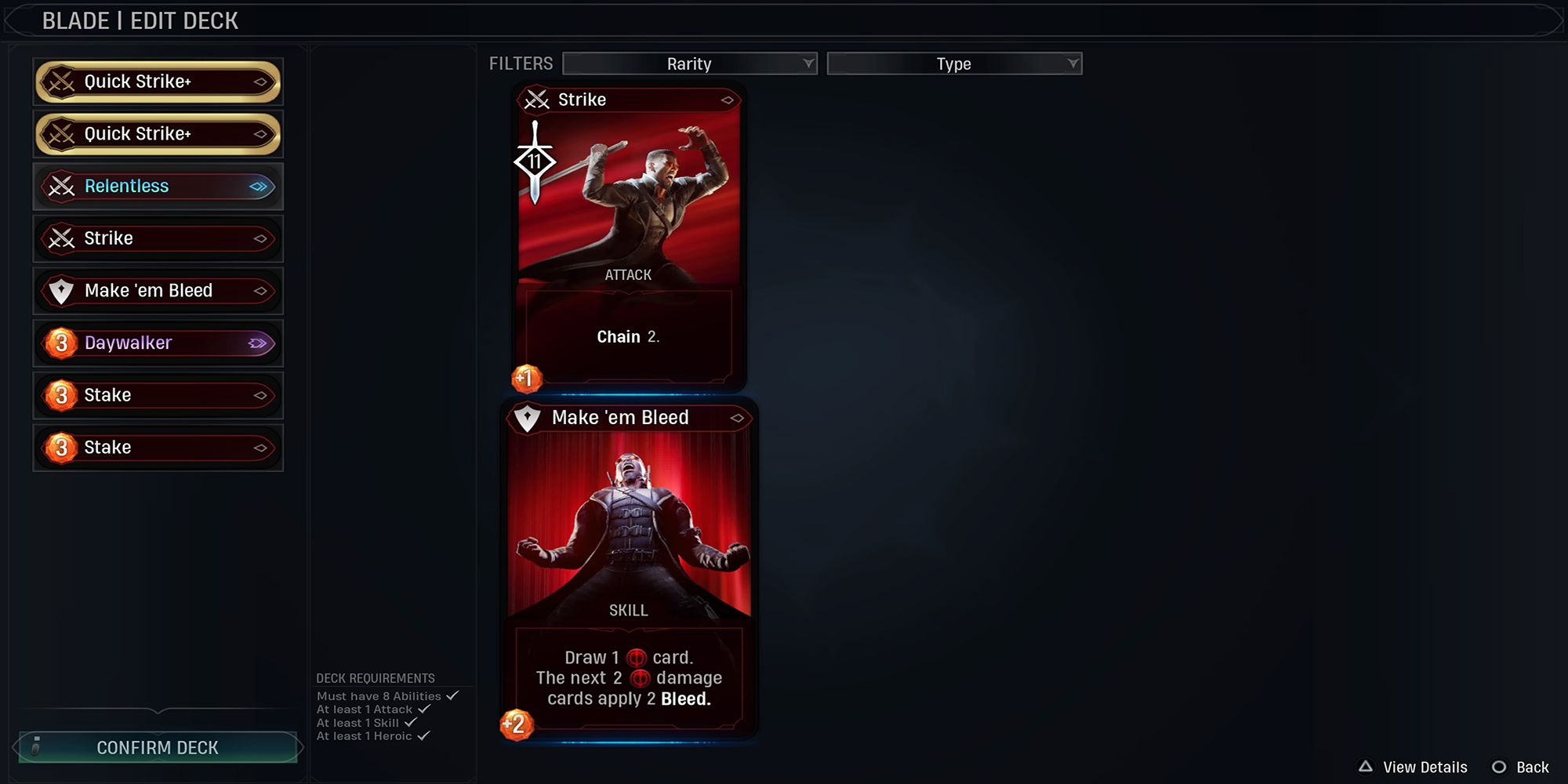 Blade's Deck Edit Menu from Marvel's Midnight Suns.