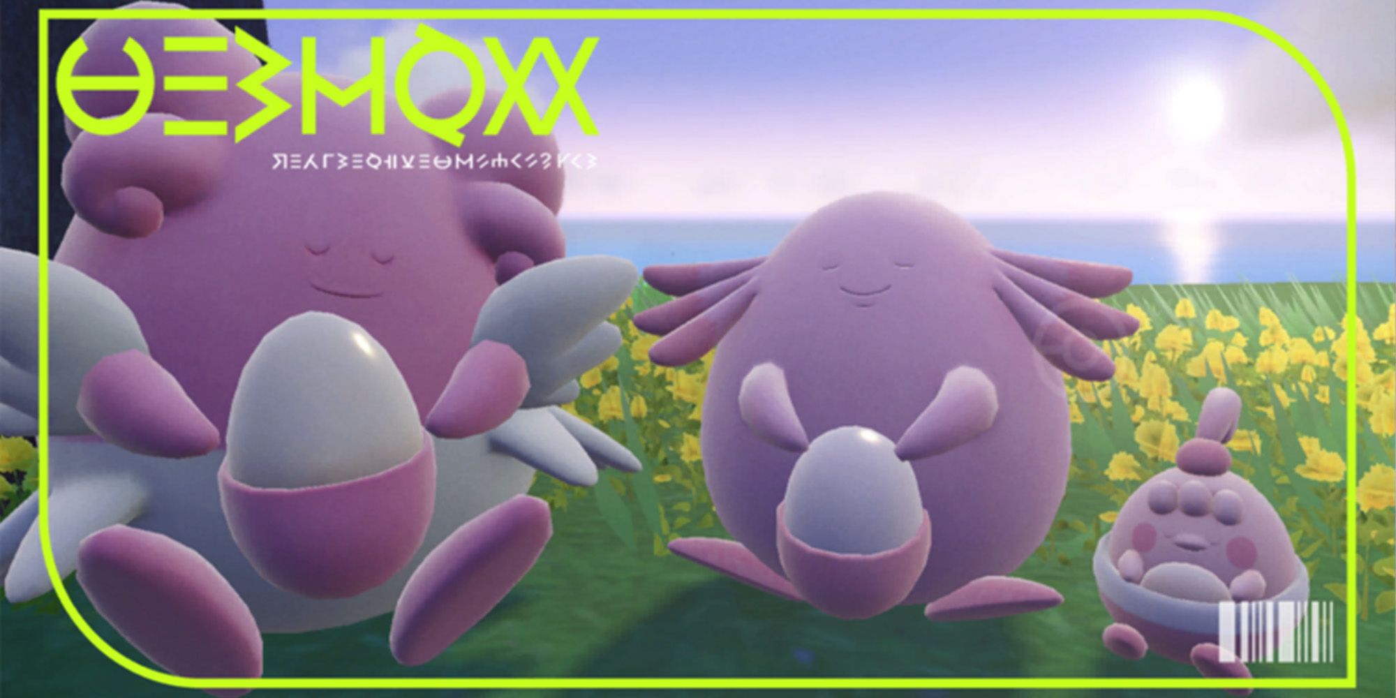 Blissey's Pokedex image in Pokemon Scarlet & Violet shows a Blissey, a Chansey, and a Happiny in a field of yellow flowers in Pokemon Scarlet & Violet.