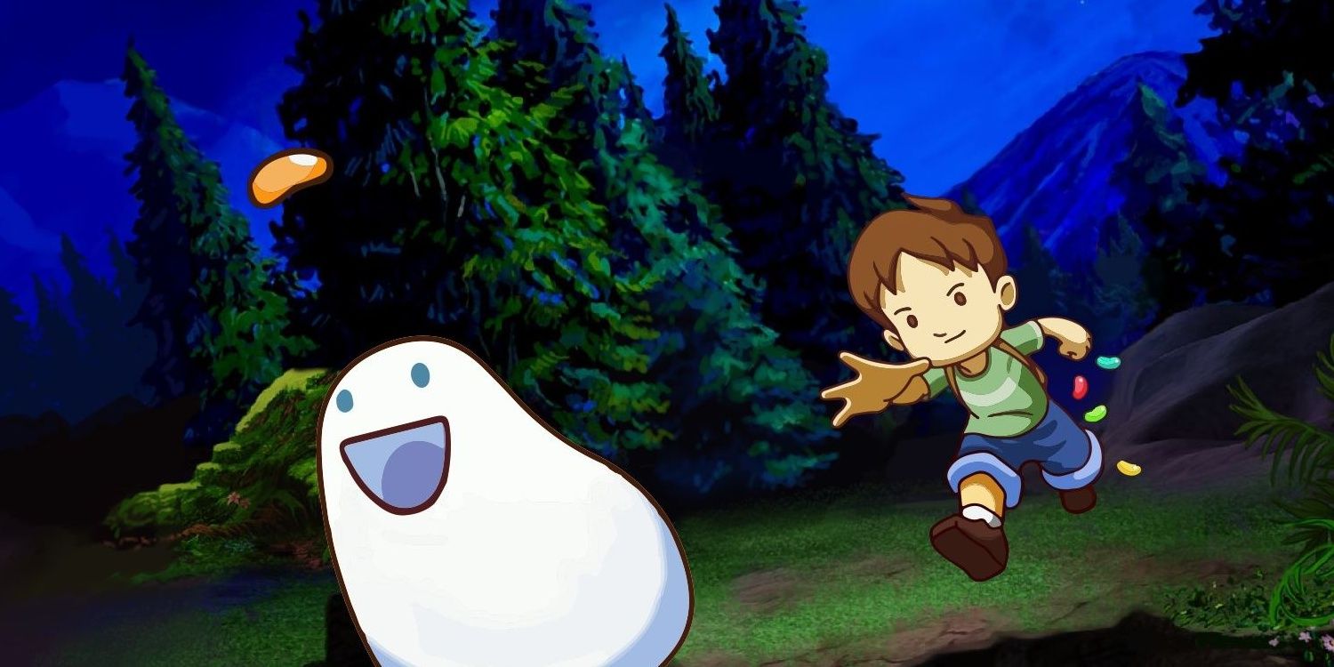 The boy throws the blob a jelly bean in A Boy and his Blob