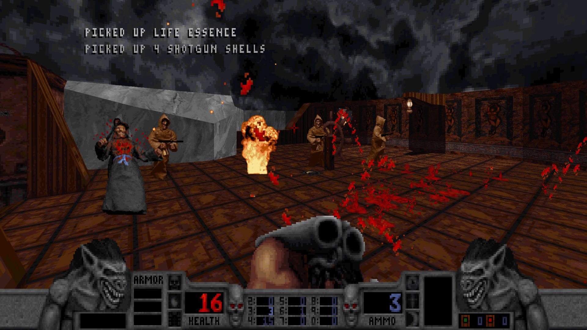 Blood 1997 player reloading a shotgun surrounded by enemies, one of which is on fire