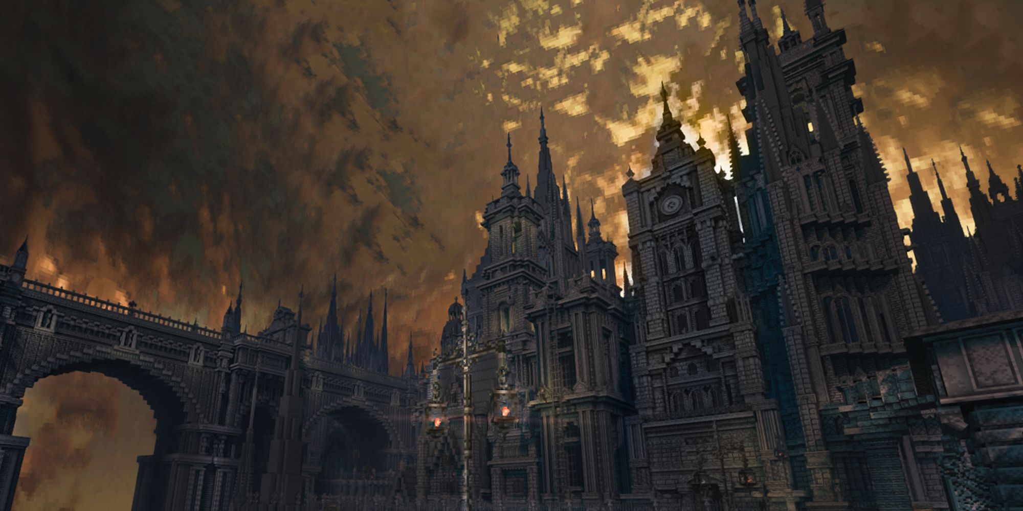 Bloodborne Yharnam in Minecraft, a giant gothic castle next to a bridge, with a brown cloudy sky overhead