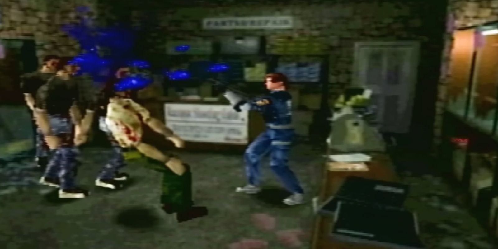 Blue blood coming out of a zombie being shot by Leon from the N64 port of Resident Evil 2.