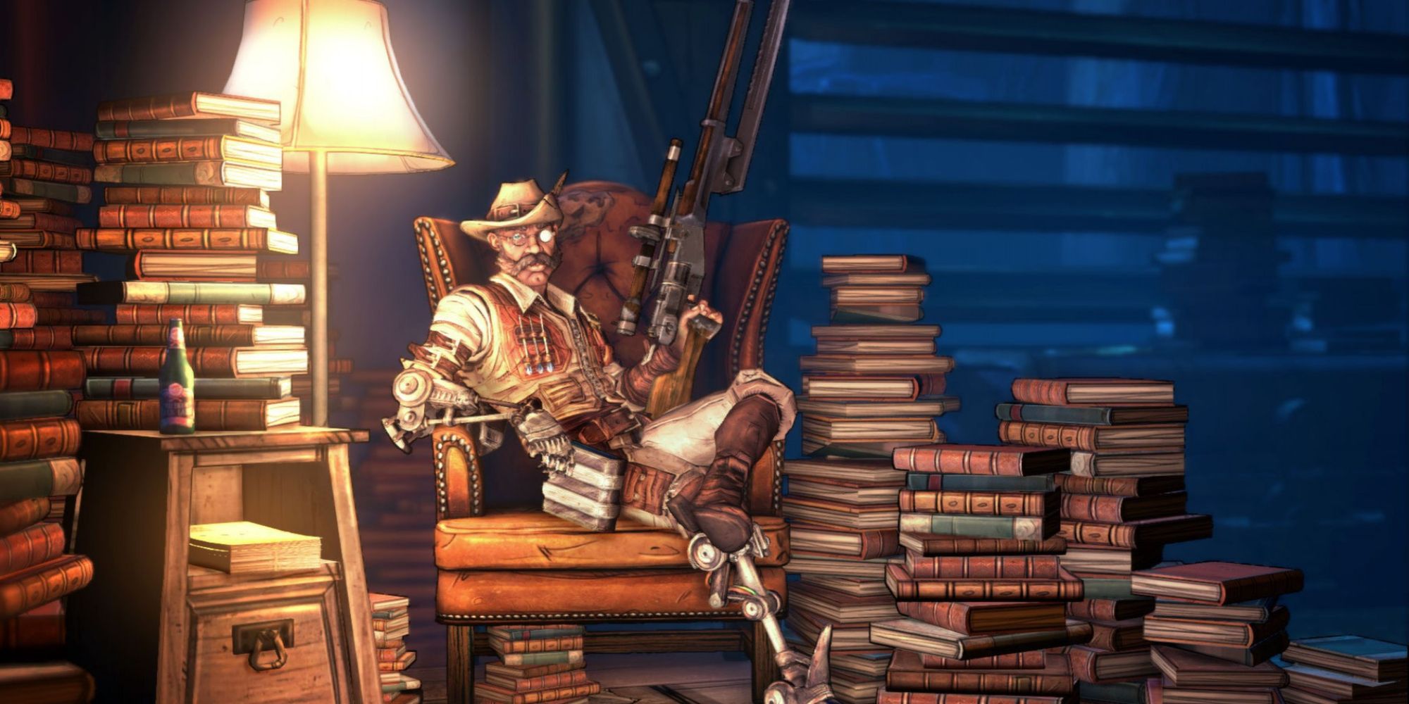 Borderlands 2 Sir Hammerlock Sitting In Chair Holding A Gun And Surrounded By Books