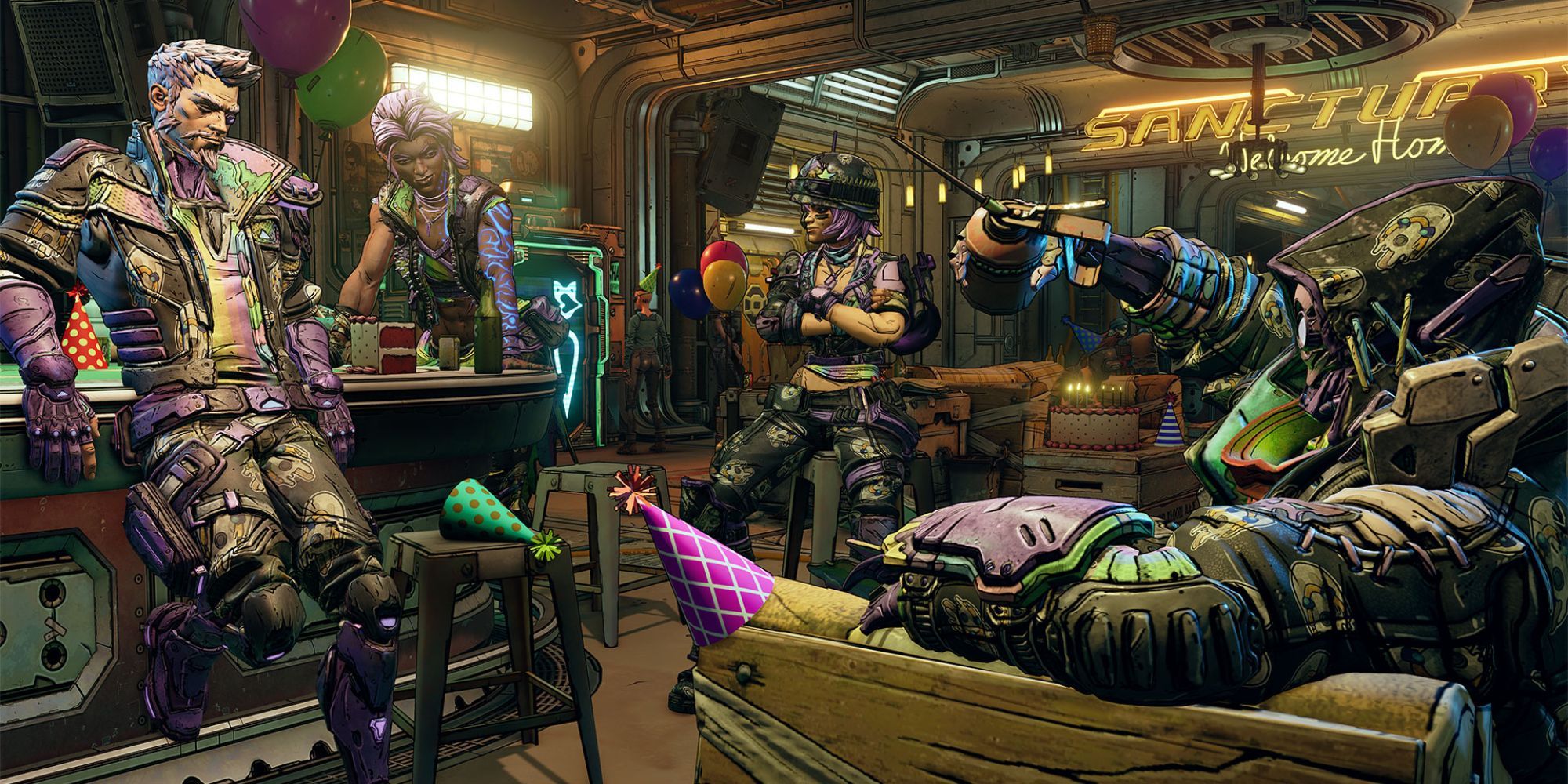 Four characters relaxing together in a room in Borderlands 3