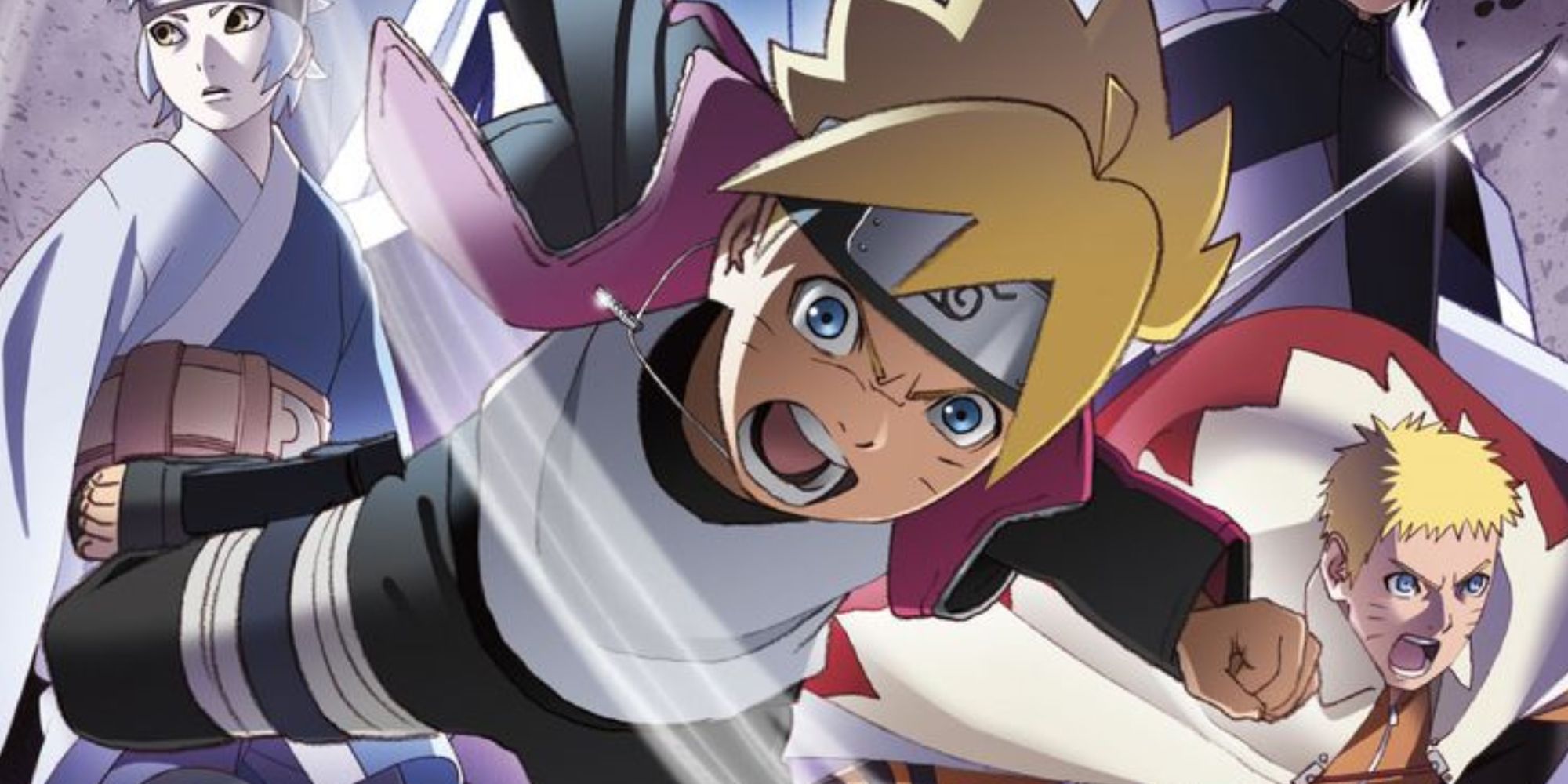 Characters from the Boruto anime, with the main character jumping towards the viewer.