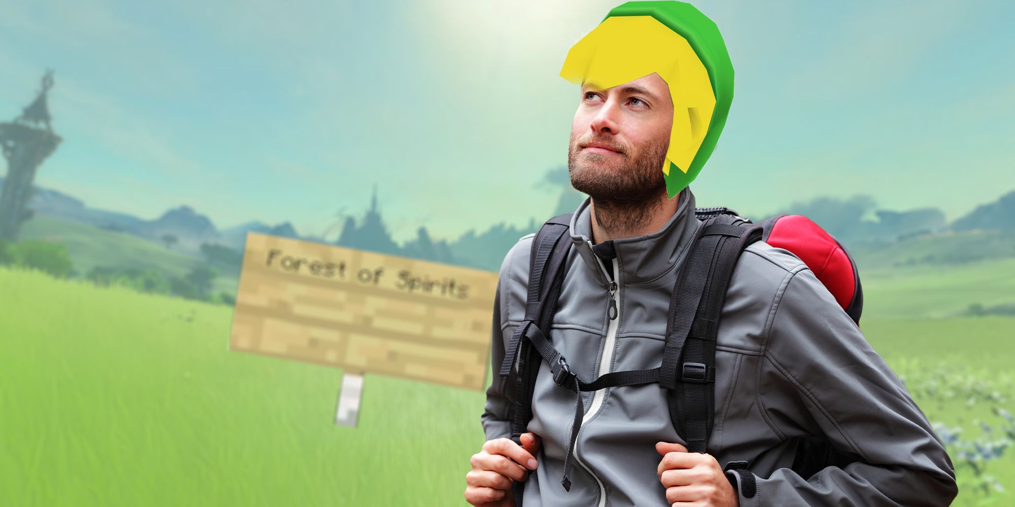Hiker with Link's heair and hat exploring the world of Zelda: Breath of the Wild. A sign behind him reads, 
