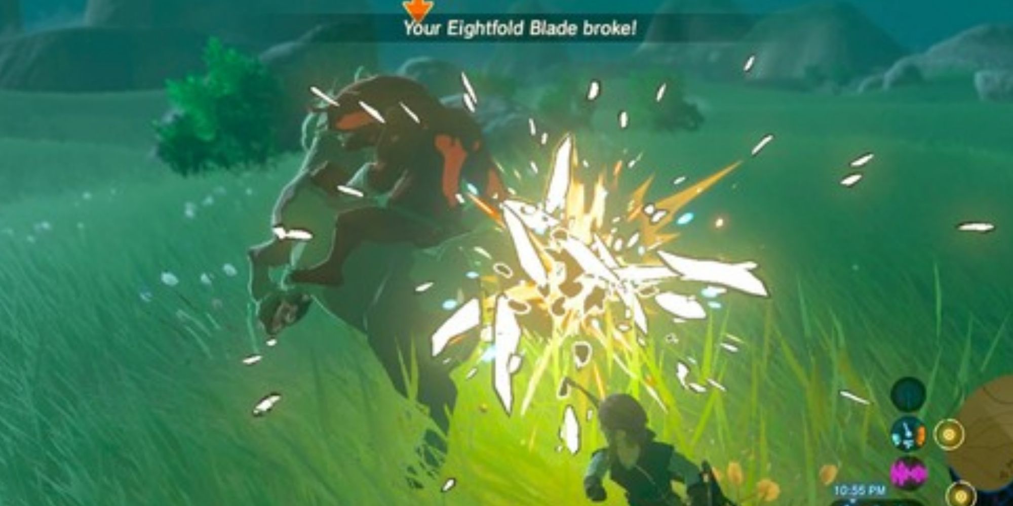 Link throwing a damaged Eightfold Blade at a Hinox in Breath of the Wild.