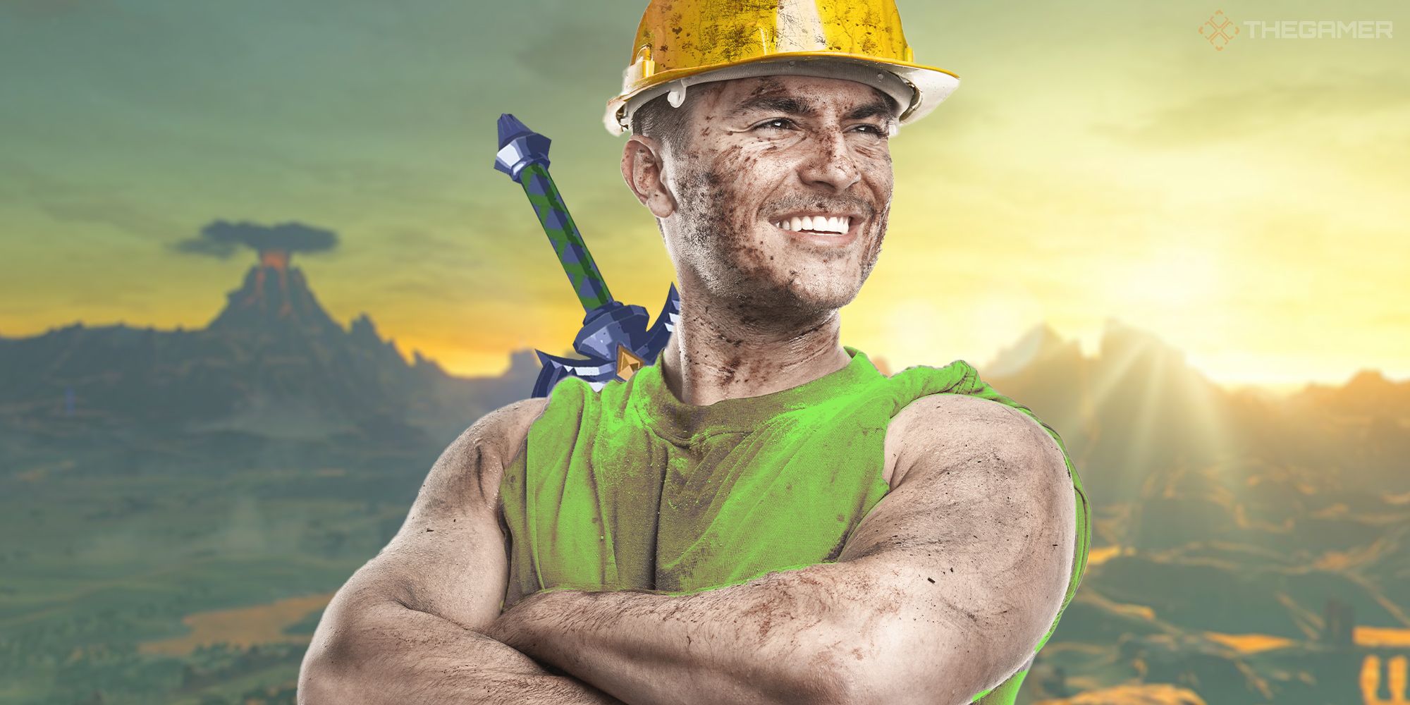 A guy wearing a green cut-off t-shirt and a hard hat has his arms folded. He's smiling and his face is covered in dirt. Behind him is the world of The Legend of Zelda: Breath of the Wild and he has the Master Sword strapped to his back.