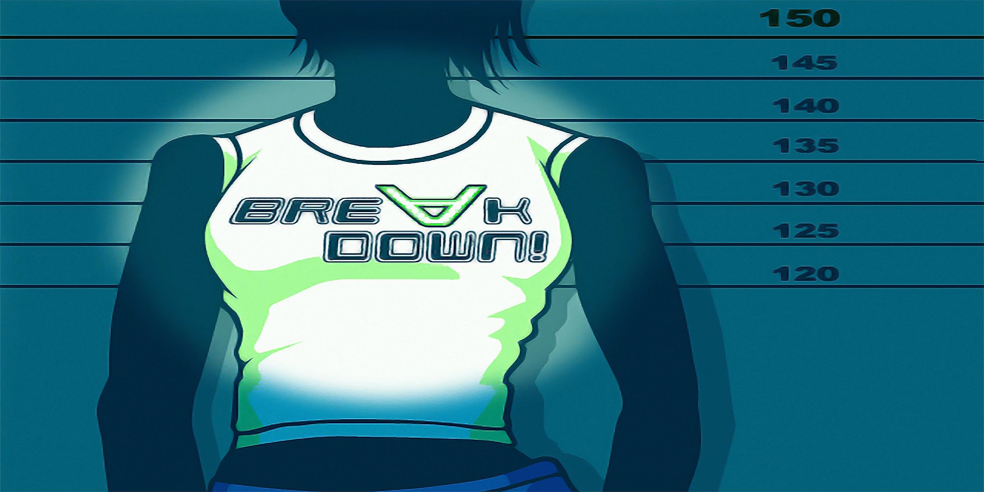 A young woman stands in front of a police lineup in this background art for the track, BREAK DOWN!, from DDRMAX2.