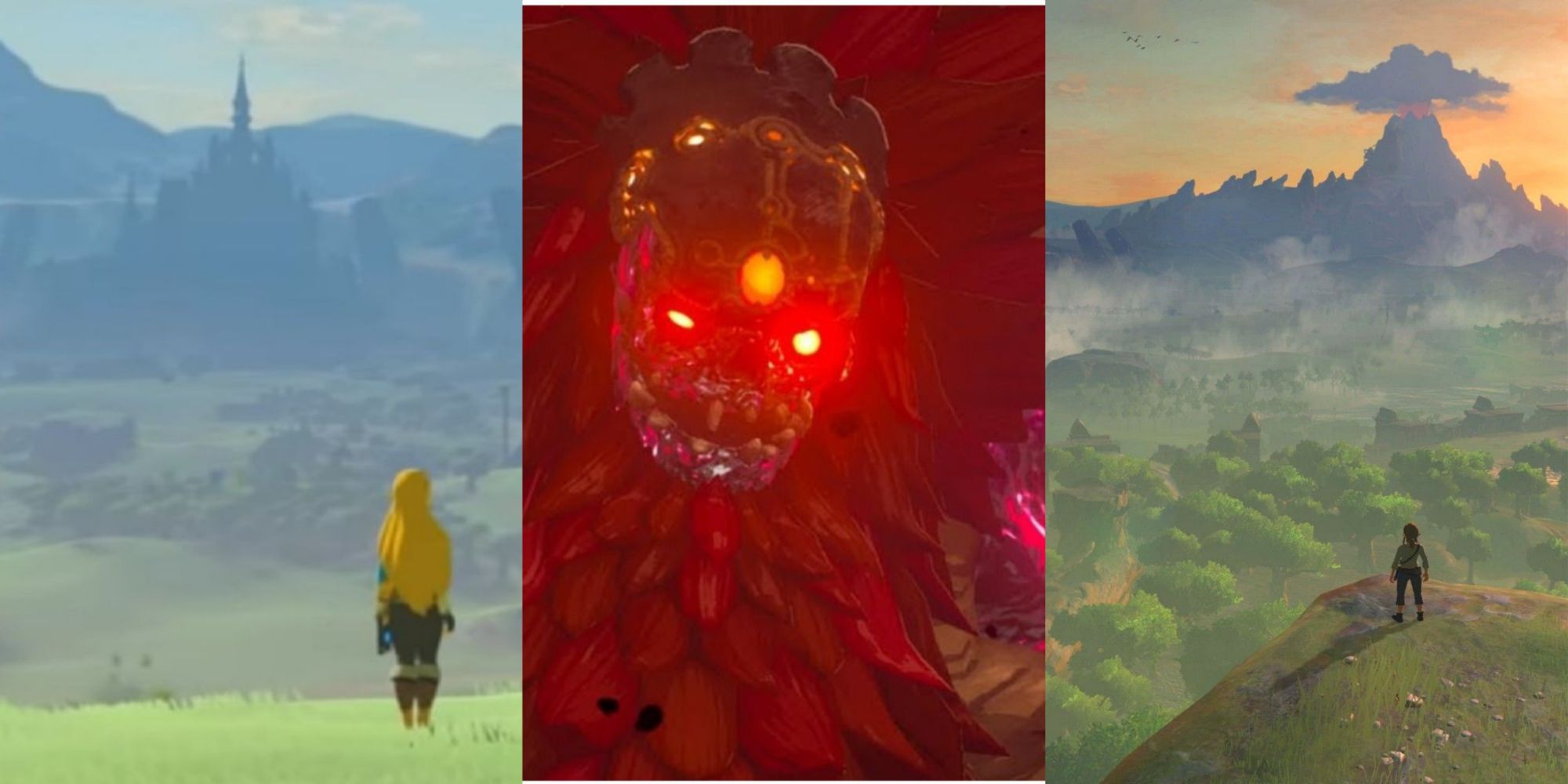 Zelda stood overlooking Hyrule Castle, Calamity Ganon, and Link overlooking the ruined Hyrule Castle, left to right