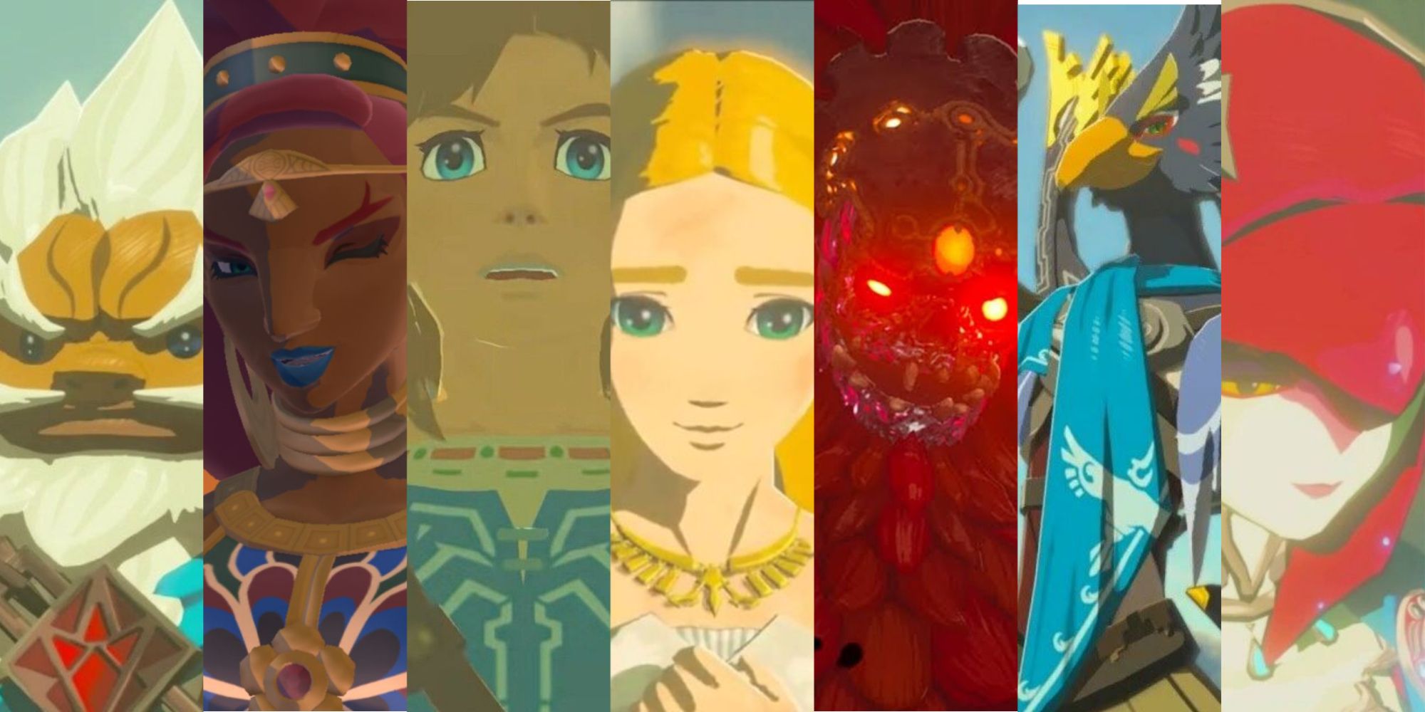 From left to right, Daruk, Urbosa, Link, Zelda, Ganon, Revali, and Mipha