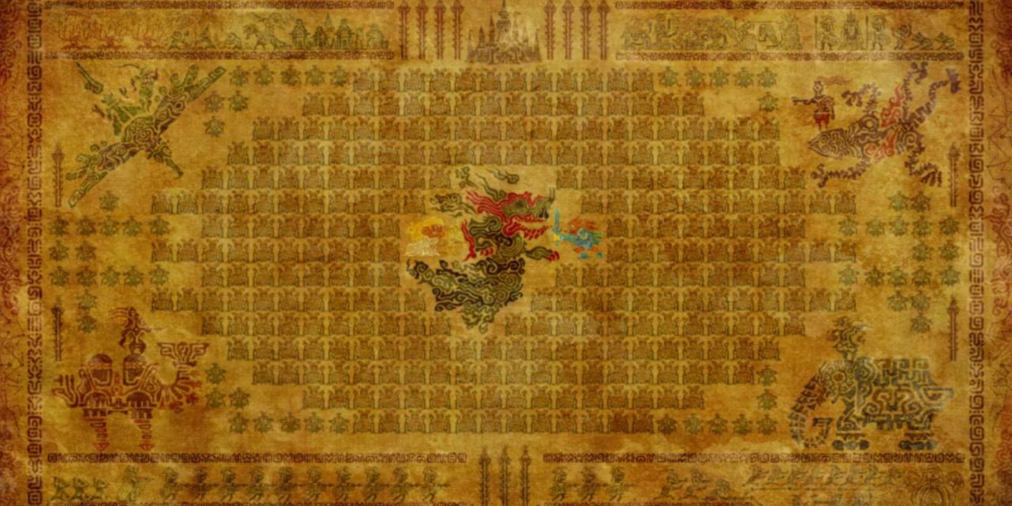 The Sheikah's tapestry depicting the battle 10,000 years ago between Calamity Ganon, the Princess, the Hero, the guardians and the Divine Beasts.