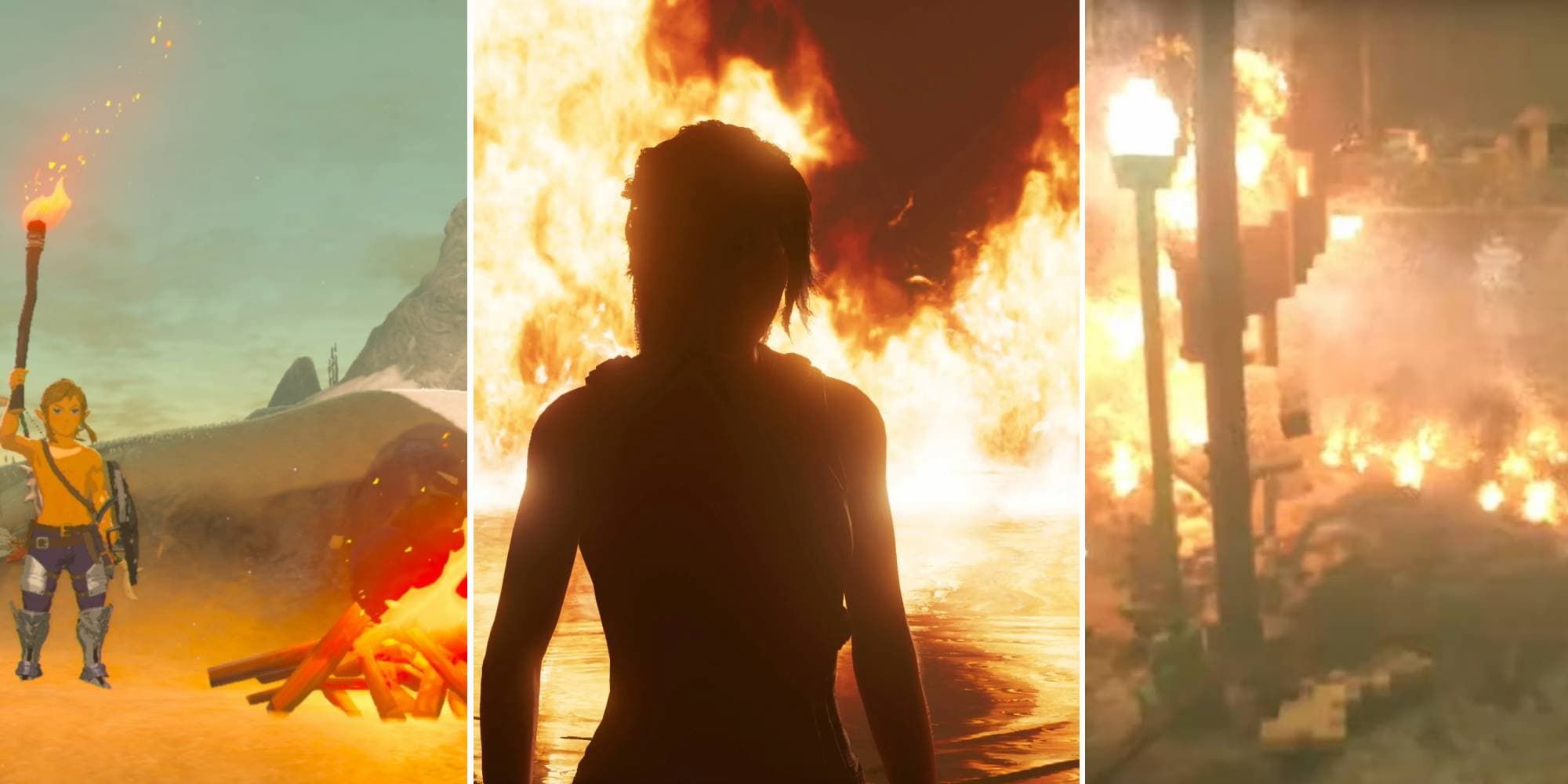 Examples of fire in Breath of the Wild, Shadow of the Tomb Raider, and Teardown.