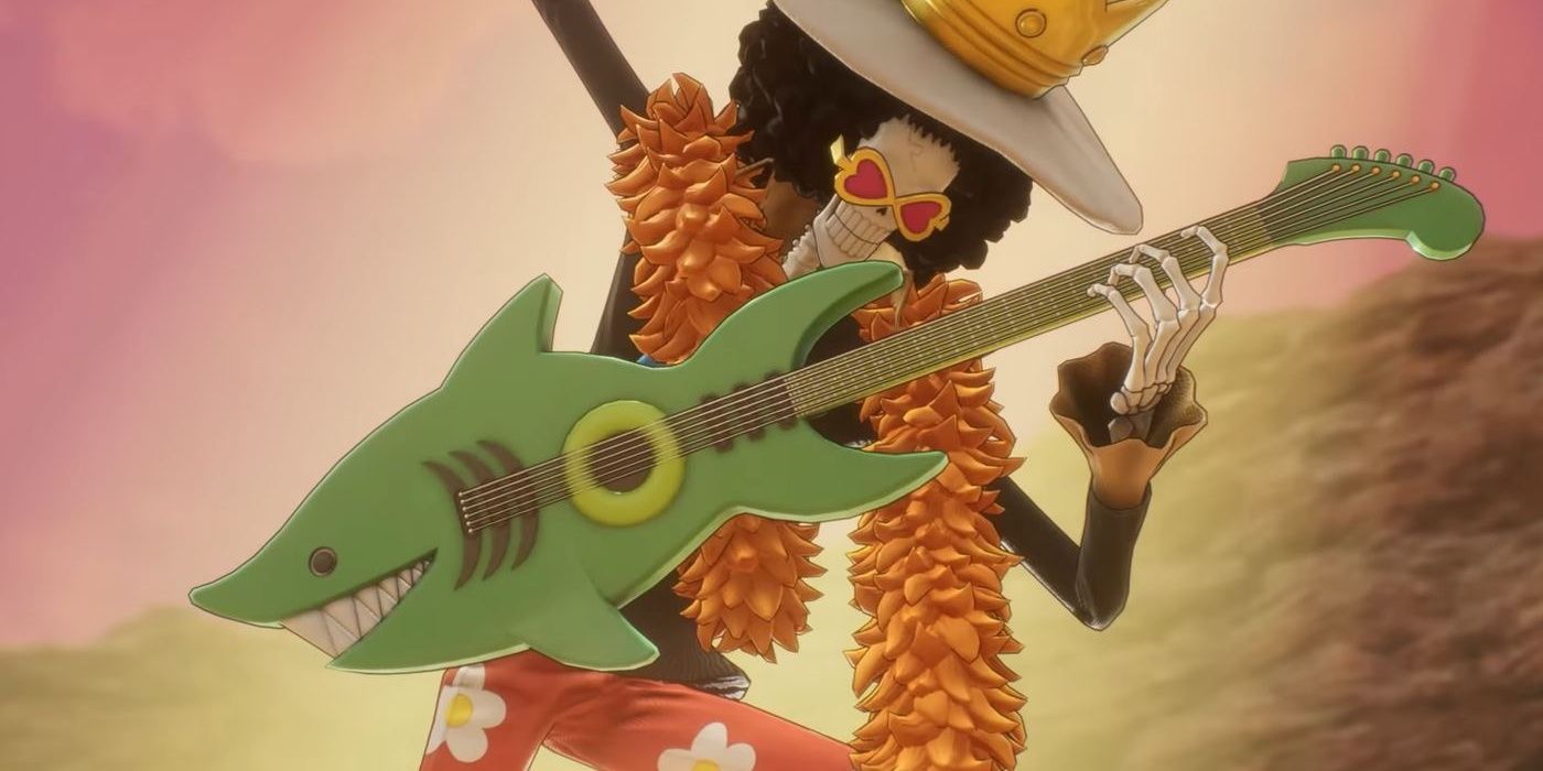 Brook plays his guitar in One Piece Odyssey