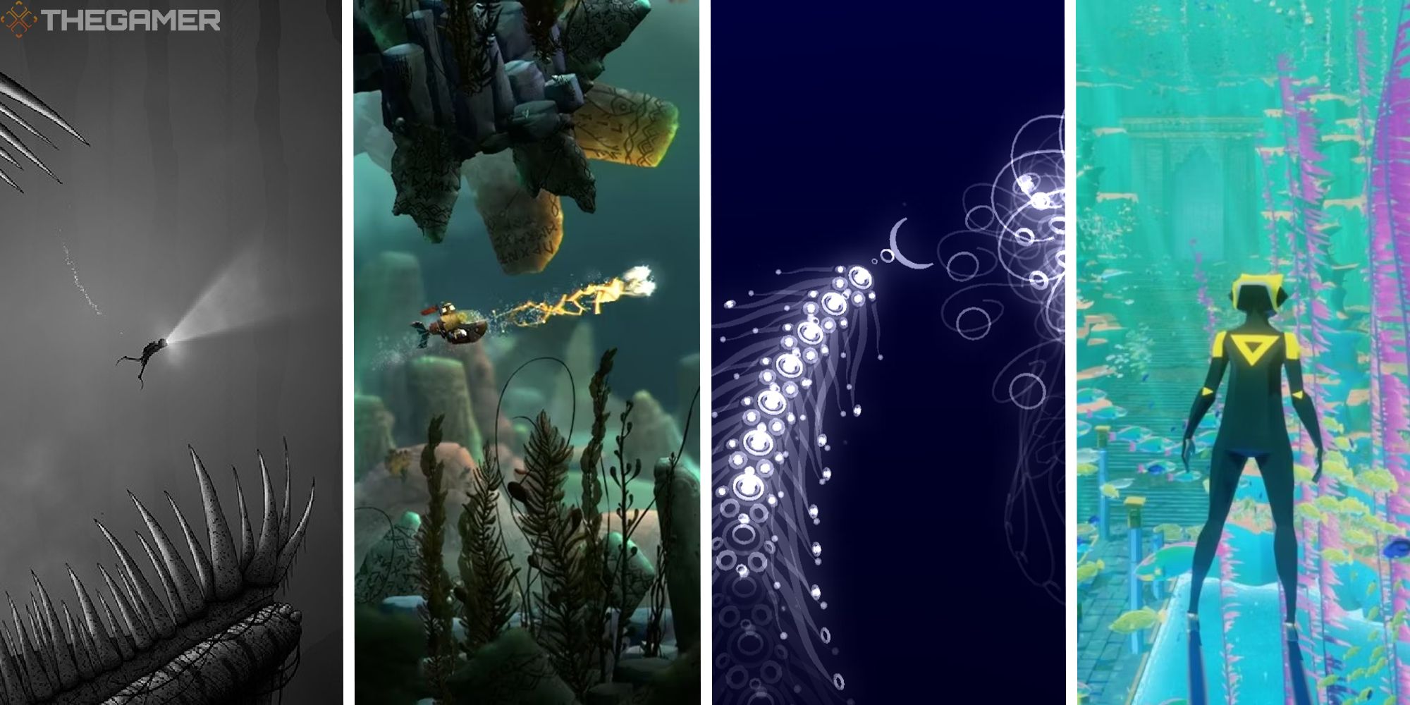 split image showing silt, song of the deep, flow, and abzu