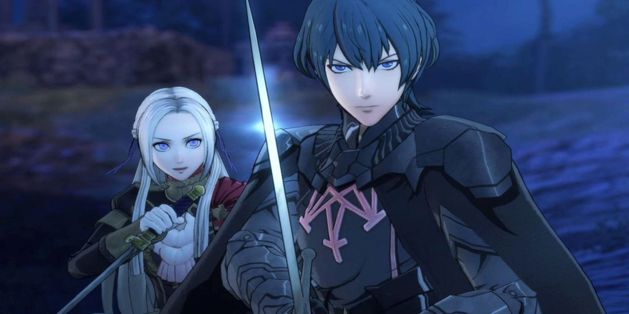 Byleth and Edelgard from Fire Emblem: Three Houses looking ready for battle