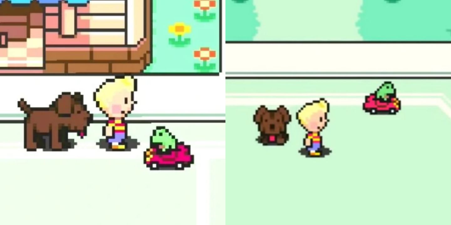 Split image screenshots of Lucas, Boney and the Save Frog driving a car in Mother 3.
