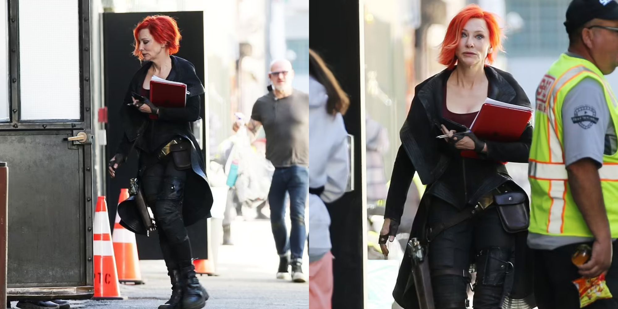 Cate Blanchett on the Borderlands movie set, holding the script in outfit while walking around
