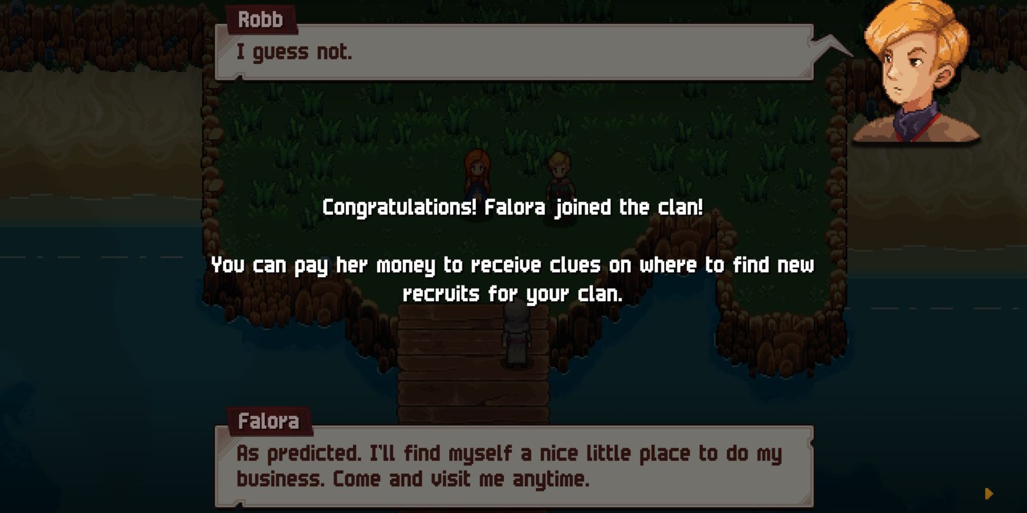 Chained Echoes - screen showing that Falora has been successfully recruitment to the clan