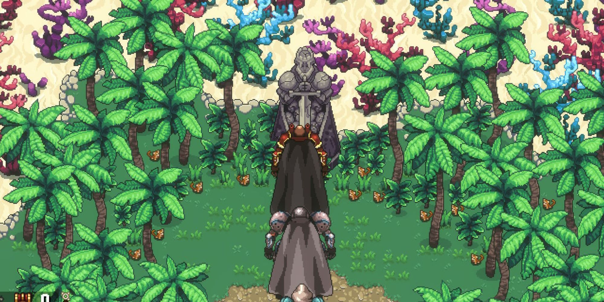 Chained Echoes - The Summoner Class Emblem Statue is on an island surrounded by trees in the Arkant Archipelago
