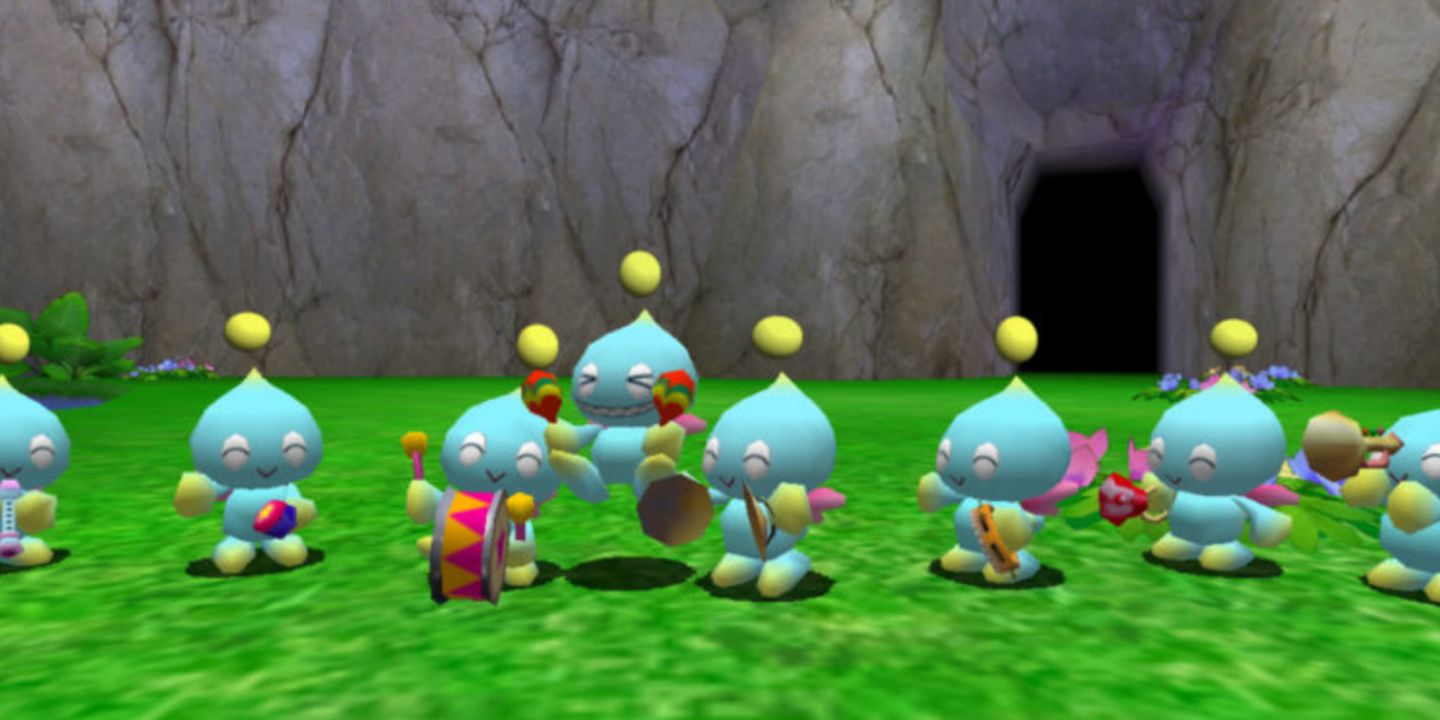A group shot of various Chao playing musical instruments in Sonic.
