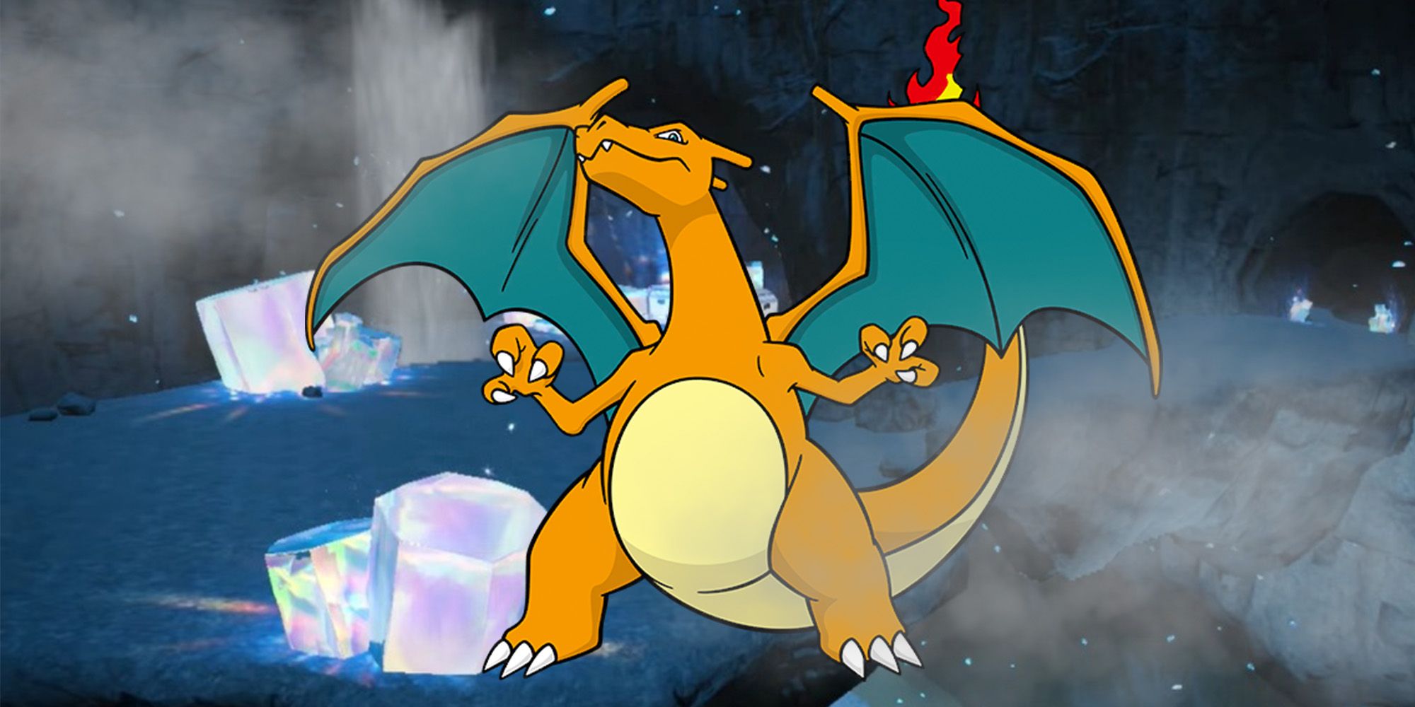 Pokemon: Charizard standing in the crystal covered cave in the great crater of Paldea