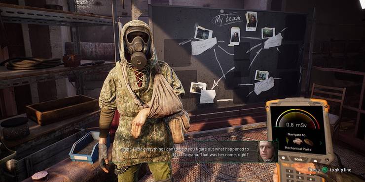 First person perspective of the player holding a gadget in front of a person in a gas mask and arm cast in Chernobylite
