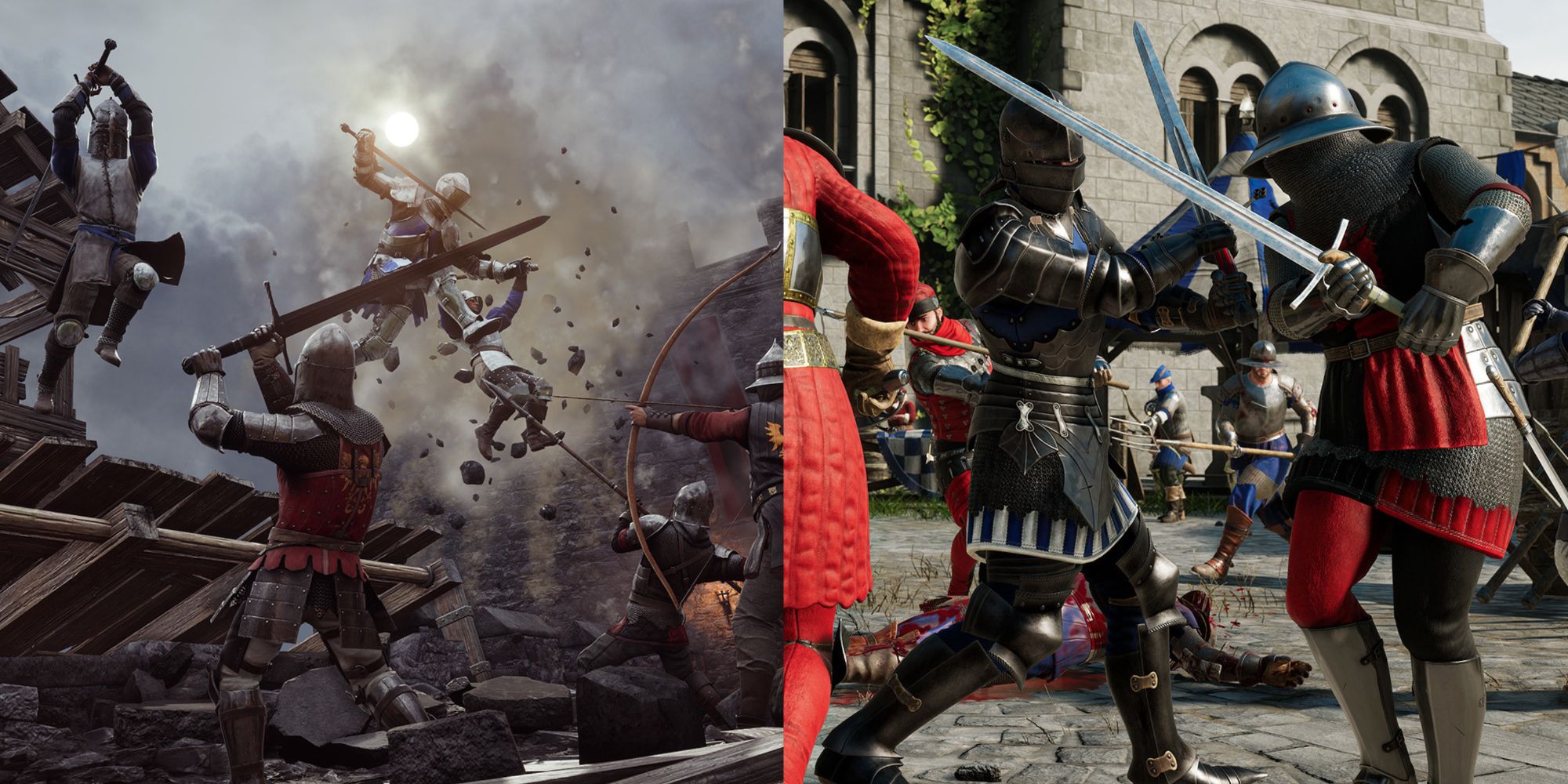 A split image showing combat scenes from both Chivalry 2 and Morhau, featuring knights wielding swords.