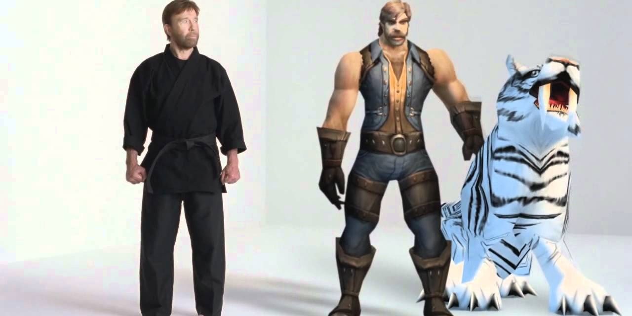 Chuck Norris in World of Warcraft commercial, alongside his in-game character and a hunter pet tiger.