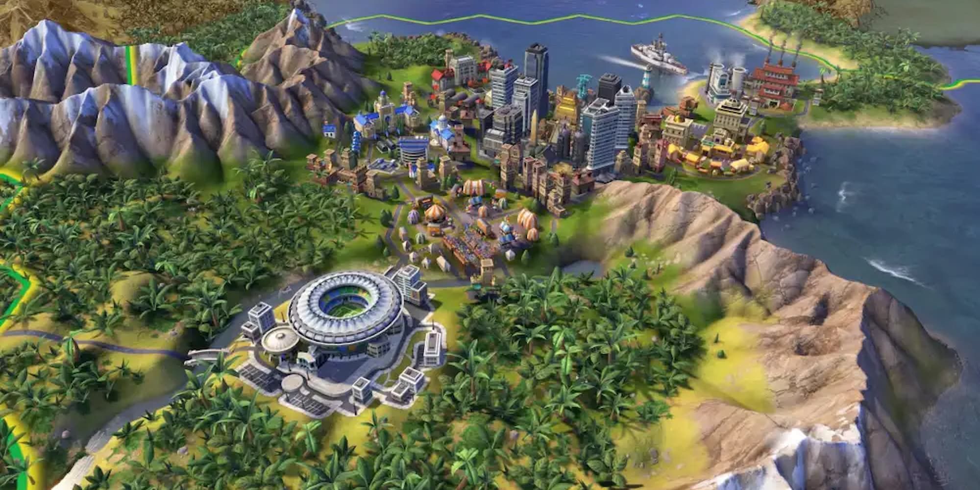 A bustling city in Civilization VI is surrounded by trees near the coastline.