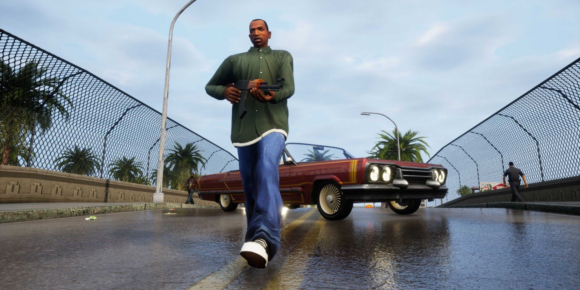cj walking away from a car holding a gun in remastered gta san andreas