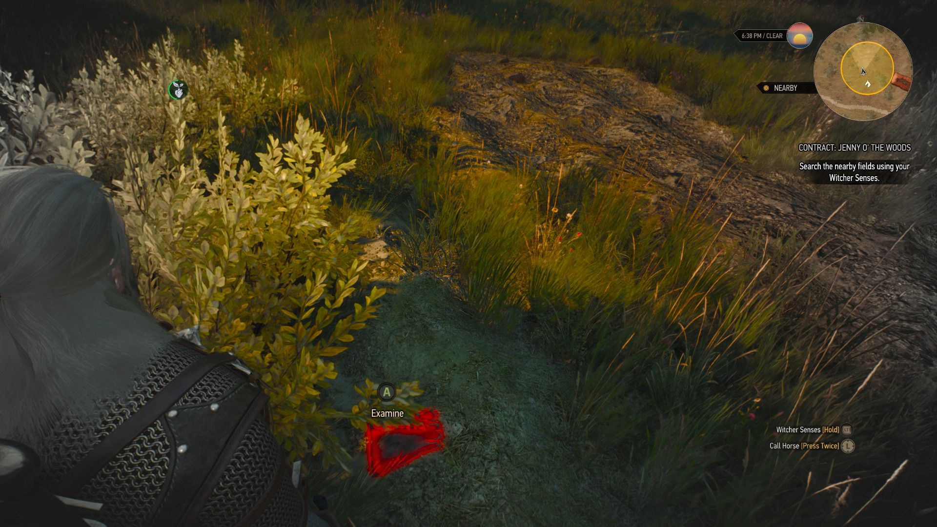 A screenshot from The Witcher 3 of the player using Witcher Senses to look at a clue.