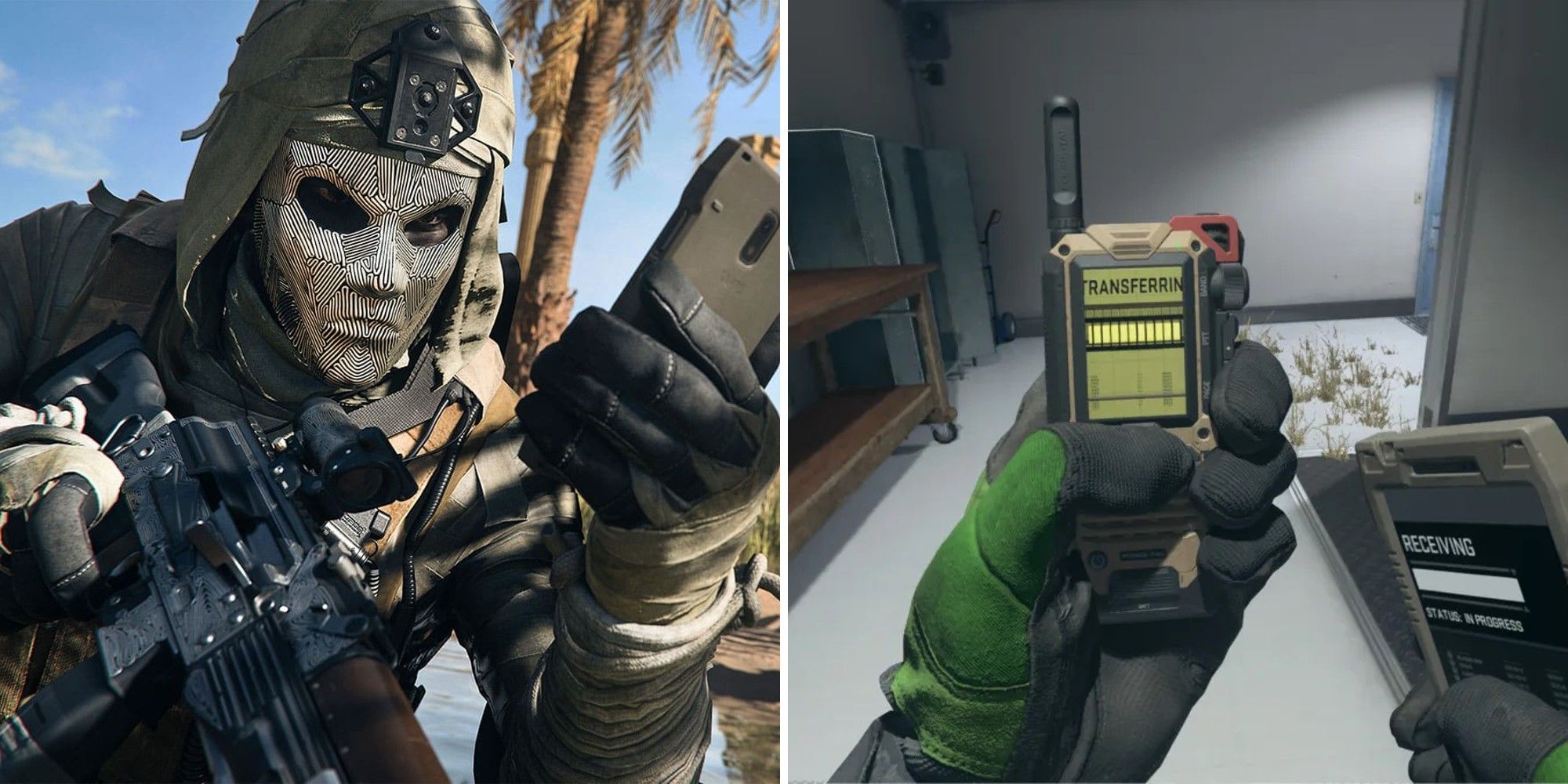 CoD Warzone 2 DMZ Mode Soldier on the left and a picture of HVT Contract Phone on the right.